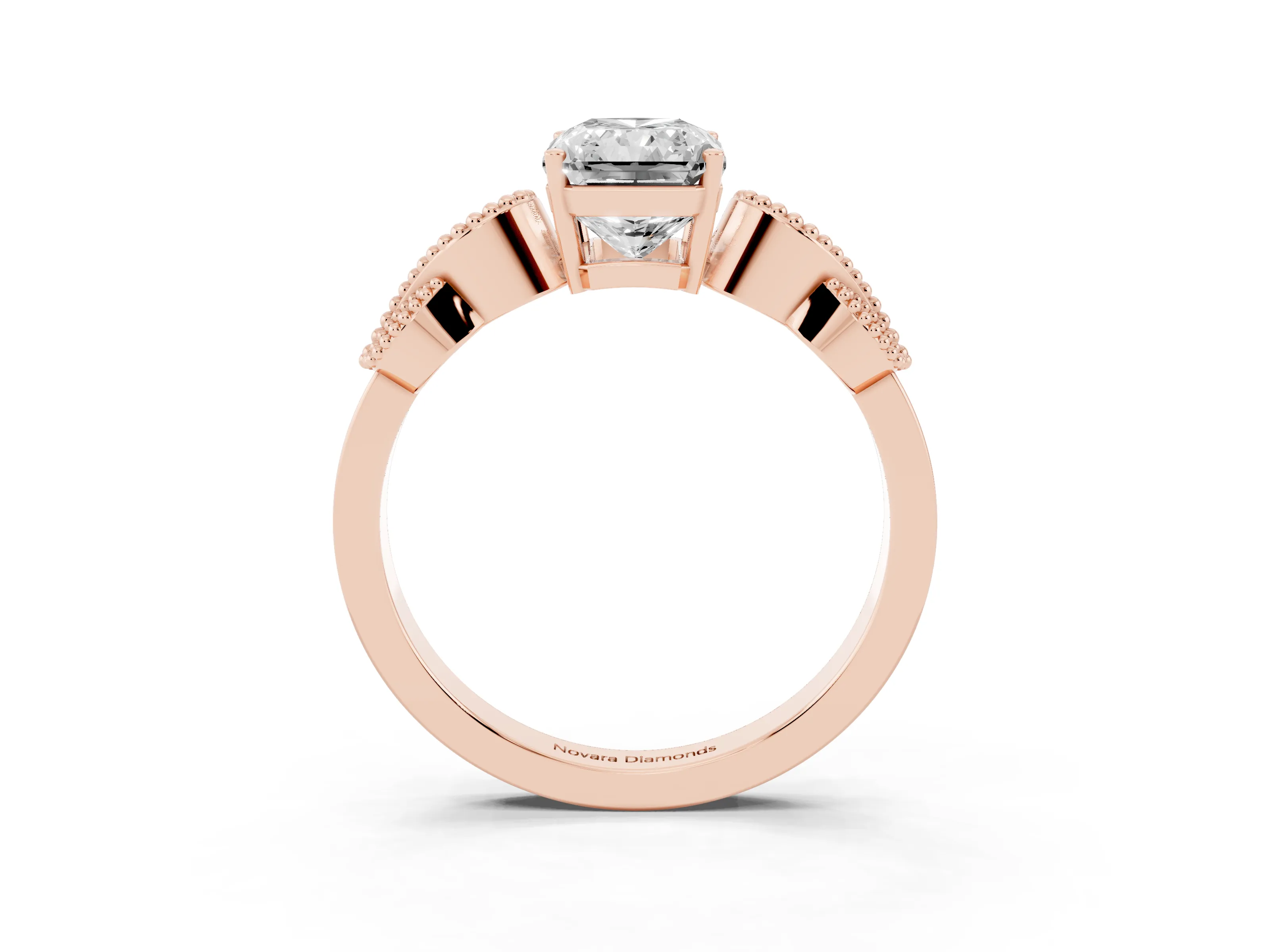 Princess Cut Diamond Milgrain Leaf Band Solitaire Ring Set in Rose gold with Accent Stones and Prong Setting