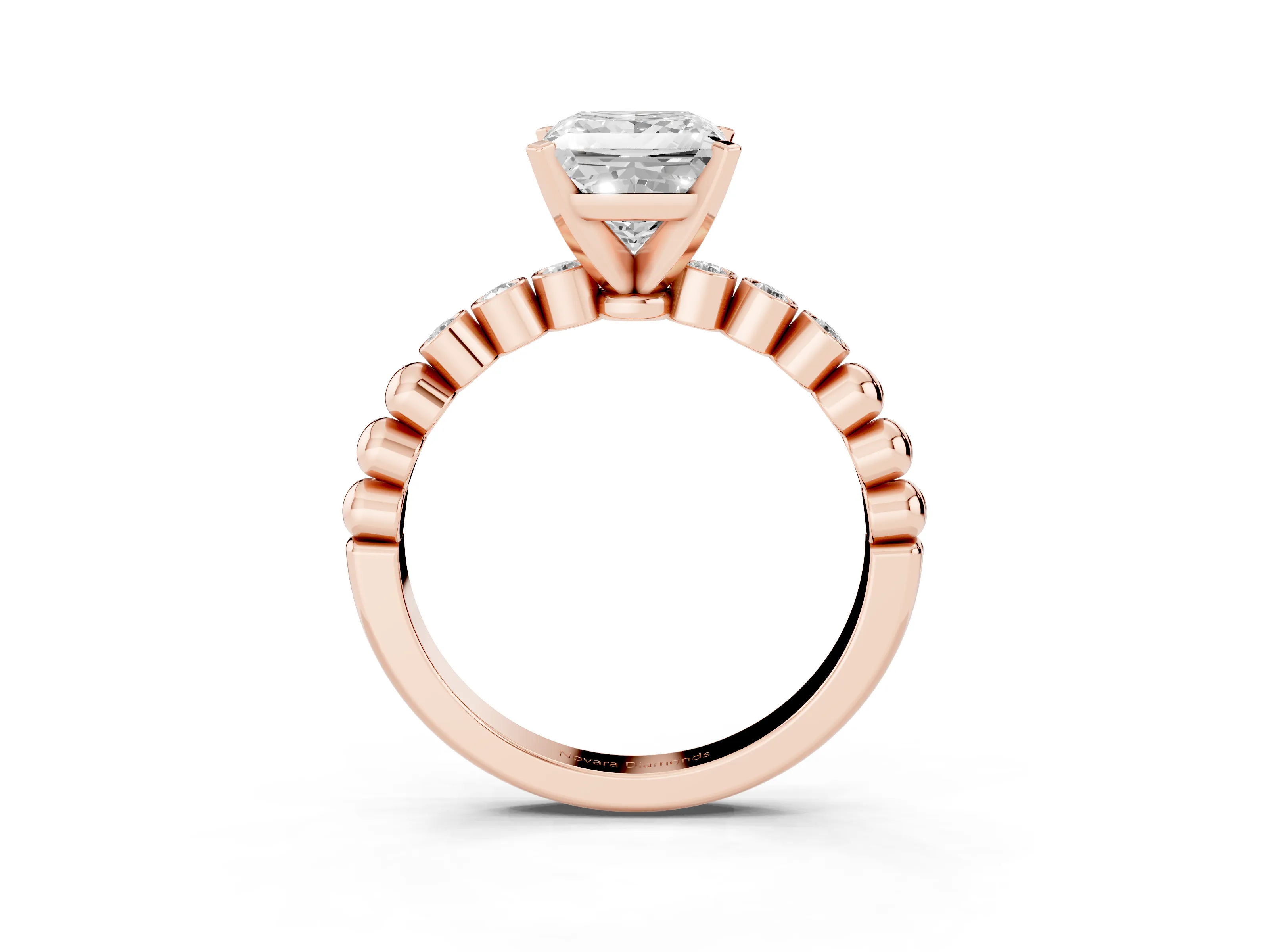 Princess Cut Diamond Solitaire Engagement Ring Set in Rose gold with Bezel Accents on Beaded Band