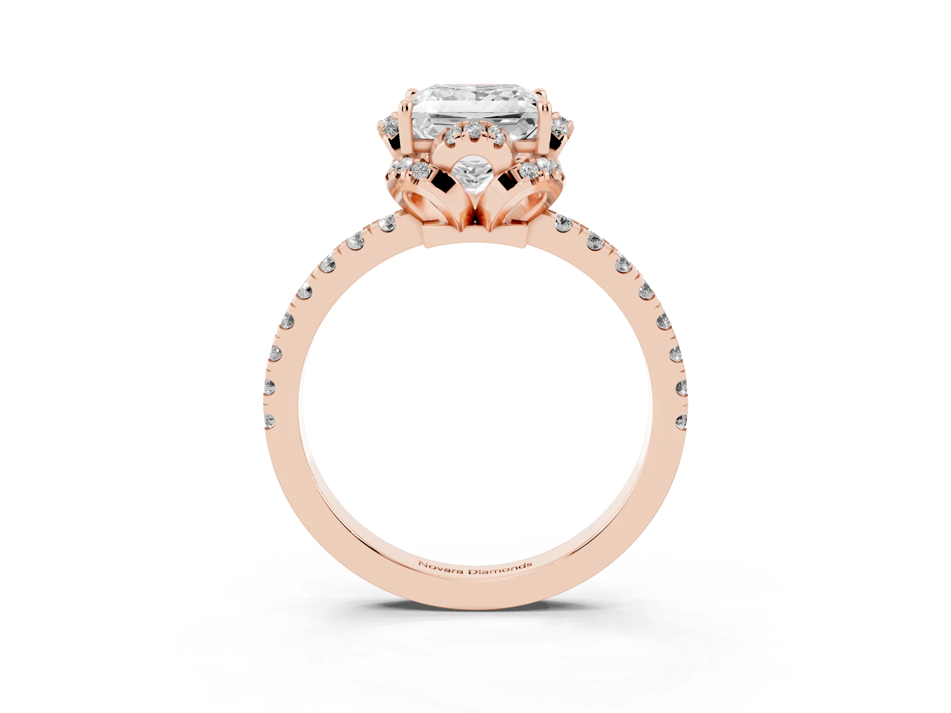 Princess Cut Diamond Halo Pavé Band Ring Set in Rose gold with Prong-Held Center