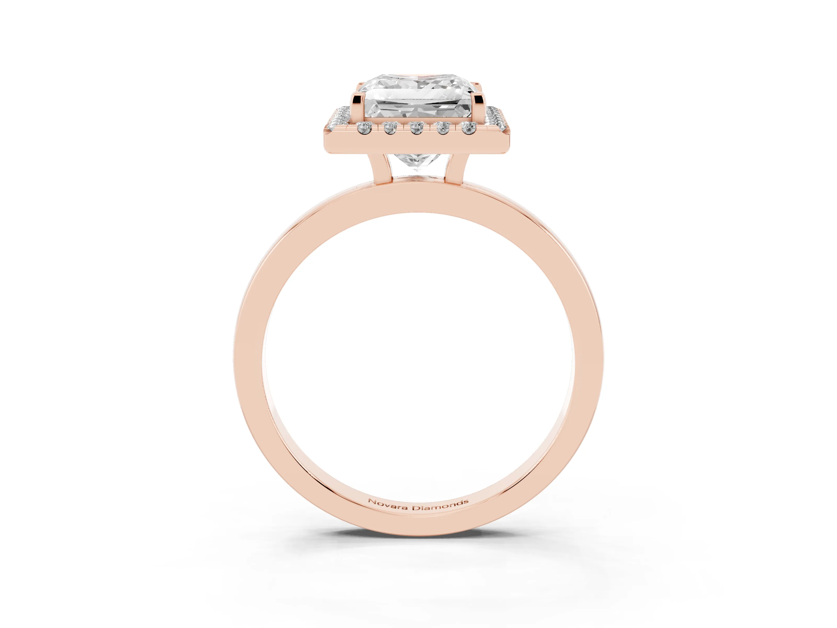 Princess Cut Diamond Halo Solitaire Ring Set in Rose gold with Pavé Band and Prong Setting