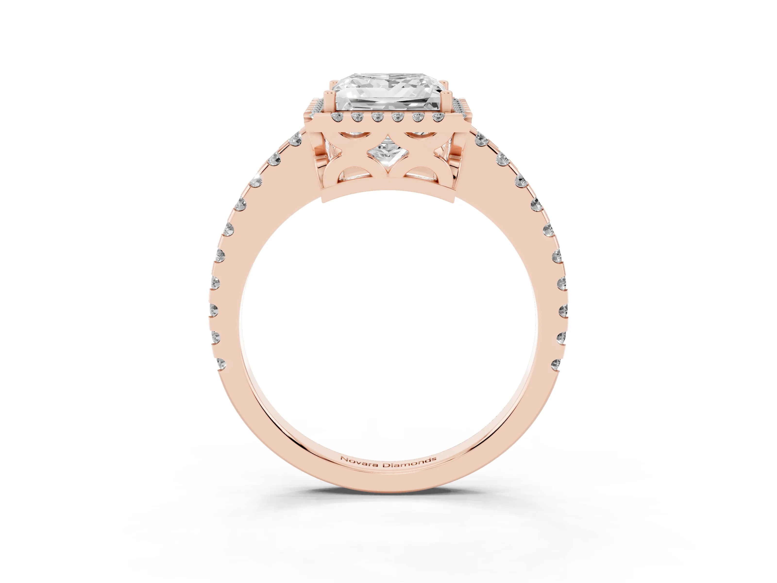 Princess Cut Diamond Halo Ring Set in Rose gold with Pavé Shoulders and Halo-Framed Center