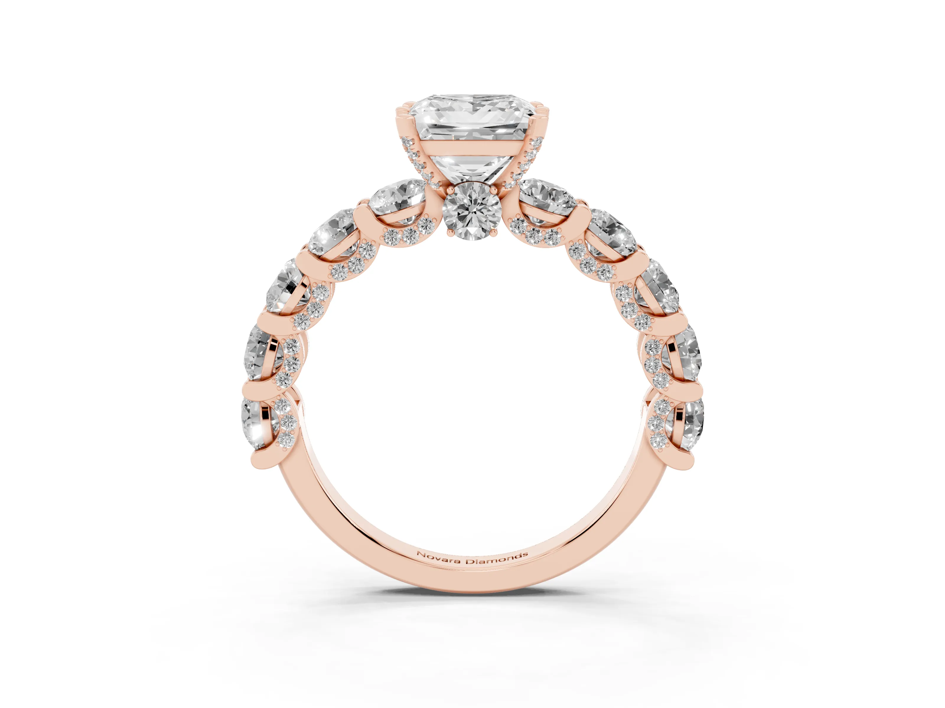 Princess Cut Diamond Side Stone Ring Set in Rose gold with Alternating Round and Oval Side Stones