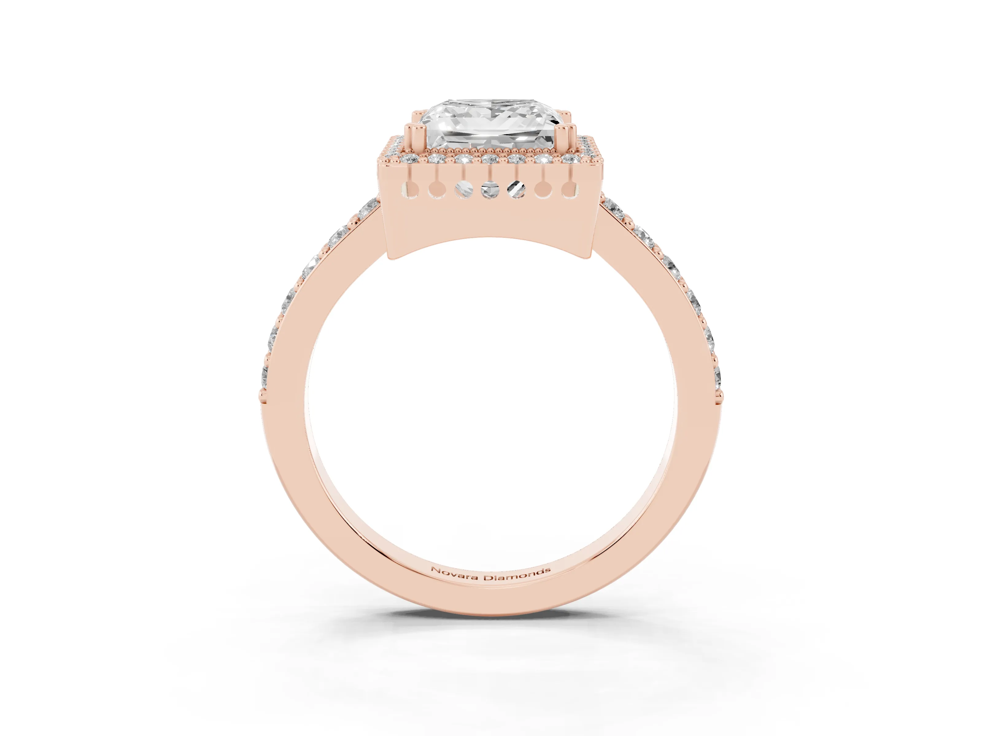 Princess Cut Diamond Halo Engagement Ring Set in Rose gold with Milgrain Detail and Pavé Band
