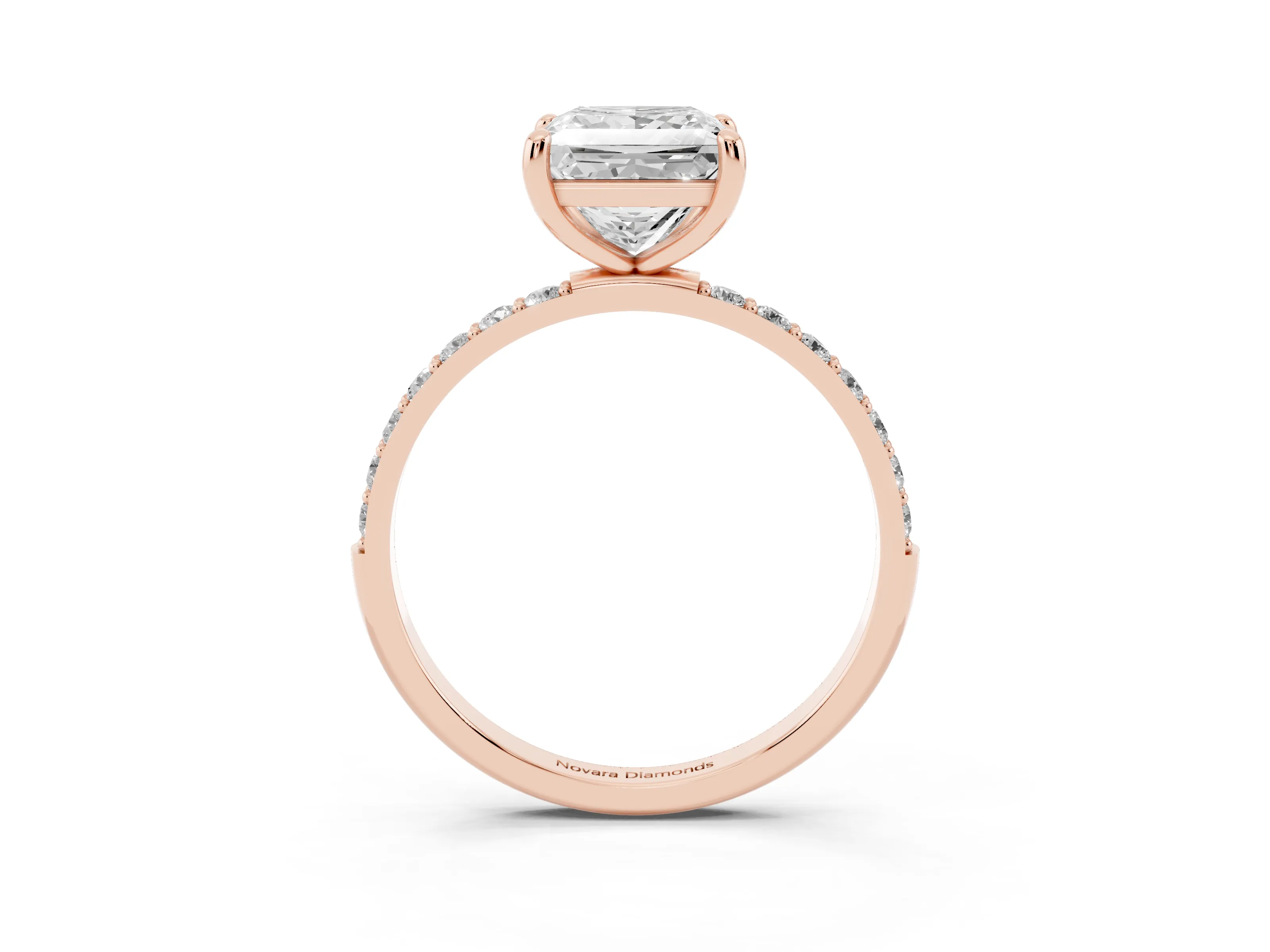 Princess Cut Diamond Solitaire Ring Set in Rose gold with Round Pavé Band and Prong Setting