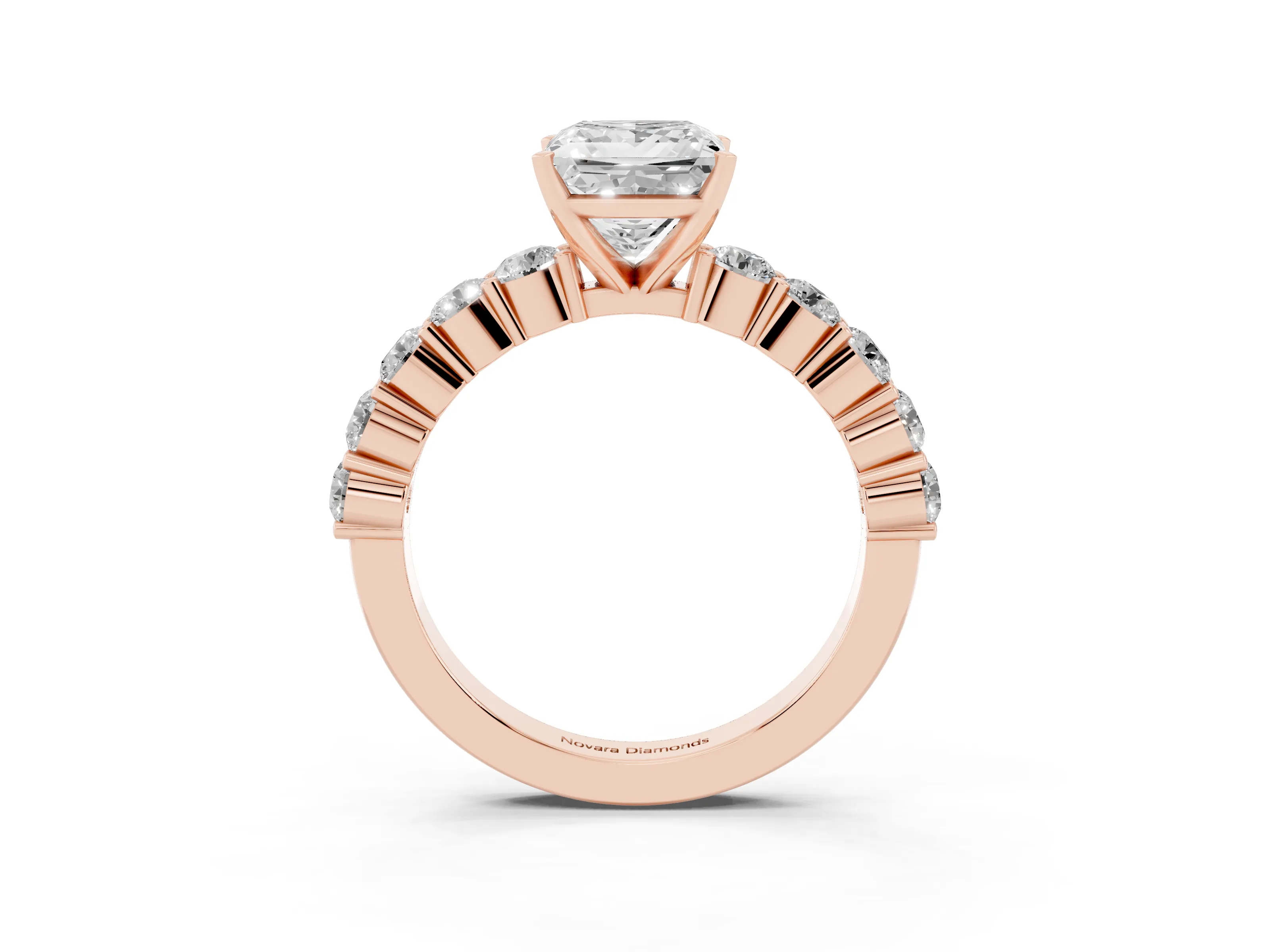 Princess Cut Diamond Solitaire Ring Set in Rose gold with Shared Prong Round Side Stones
