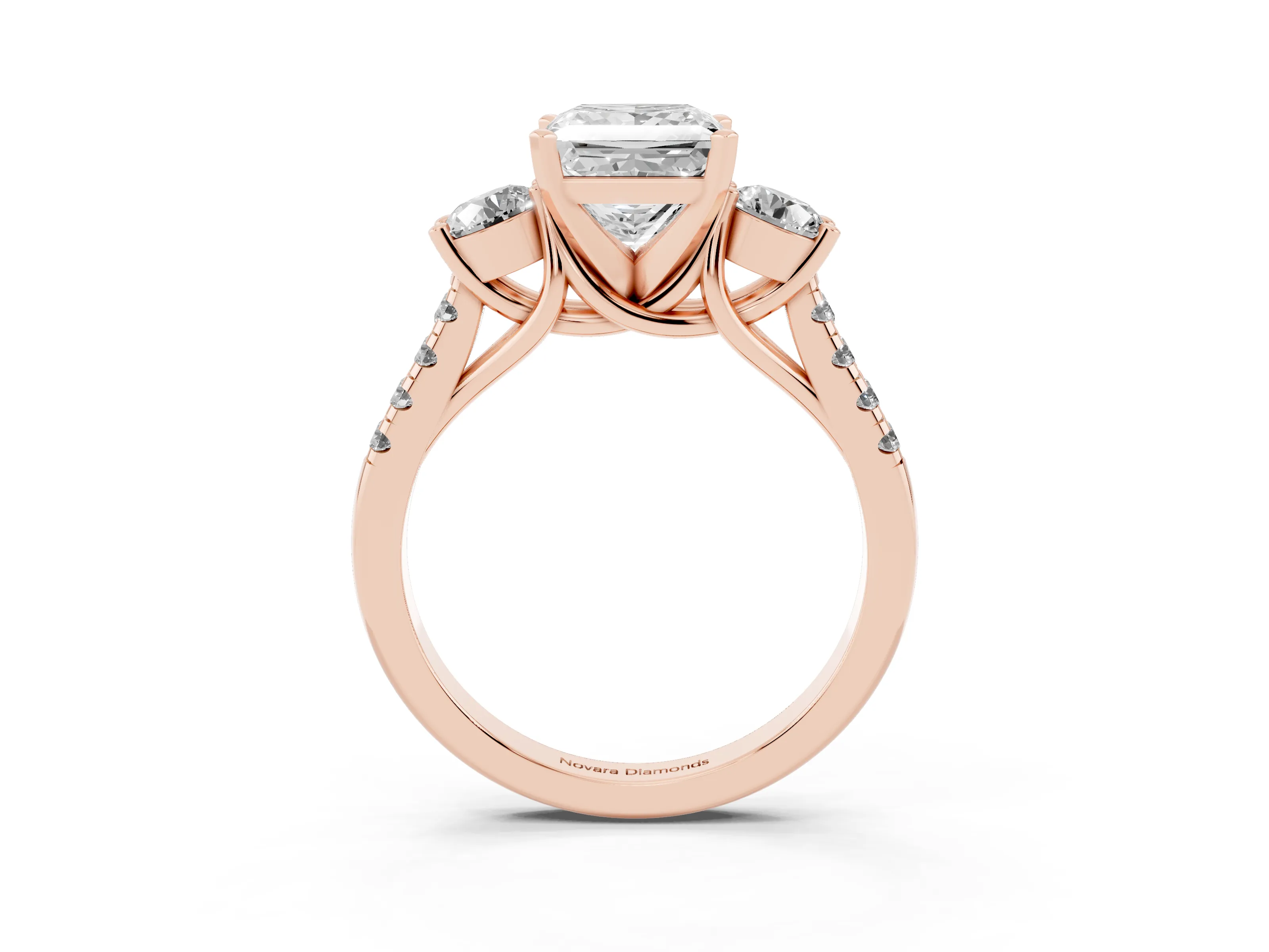 Three-Stone Princess Cut Diamond Pavé Band Ring Set in Rose gold with Prong-Set Trio
