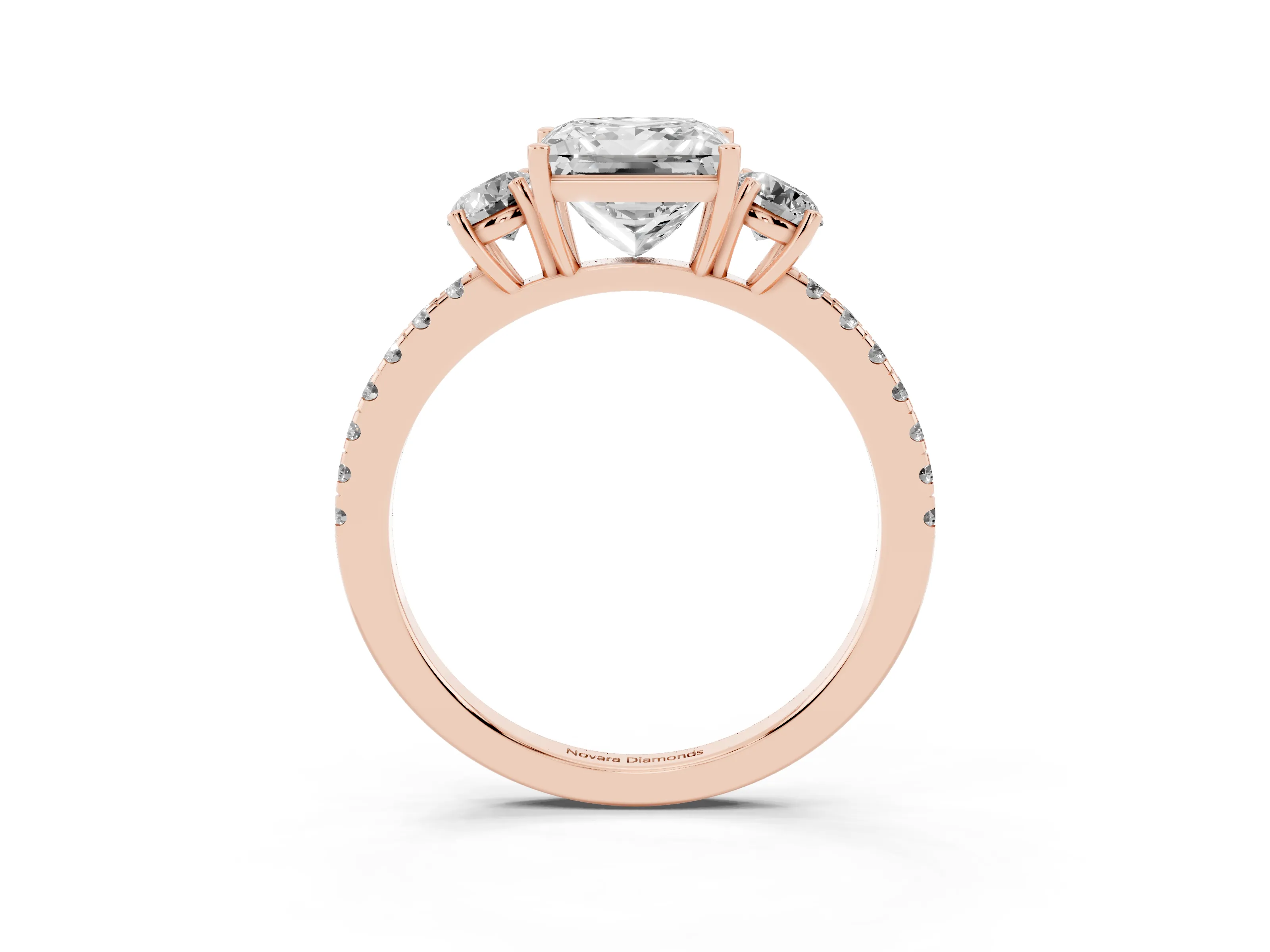 Princess Cut Diamond Three-Stone Ring Set in Rose gold with Pavé Band and Graduated Sides