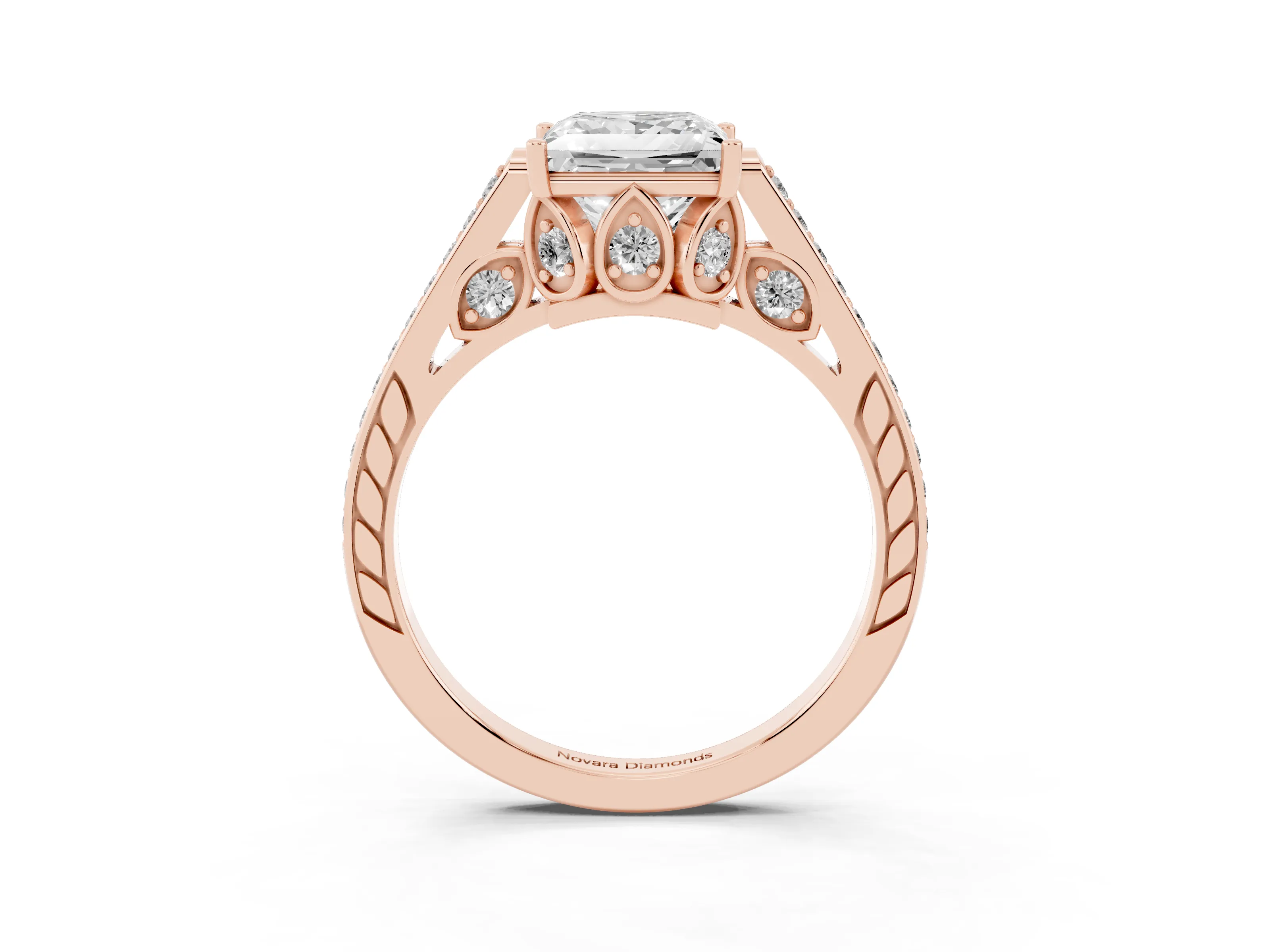 Princess Cut Diamond Cathedral Pavé Engagement Ring Set in Rose gold with Prong Setting