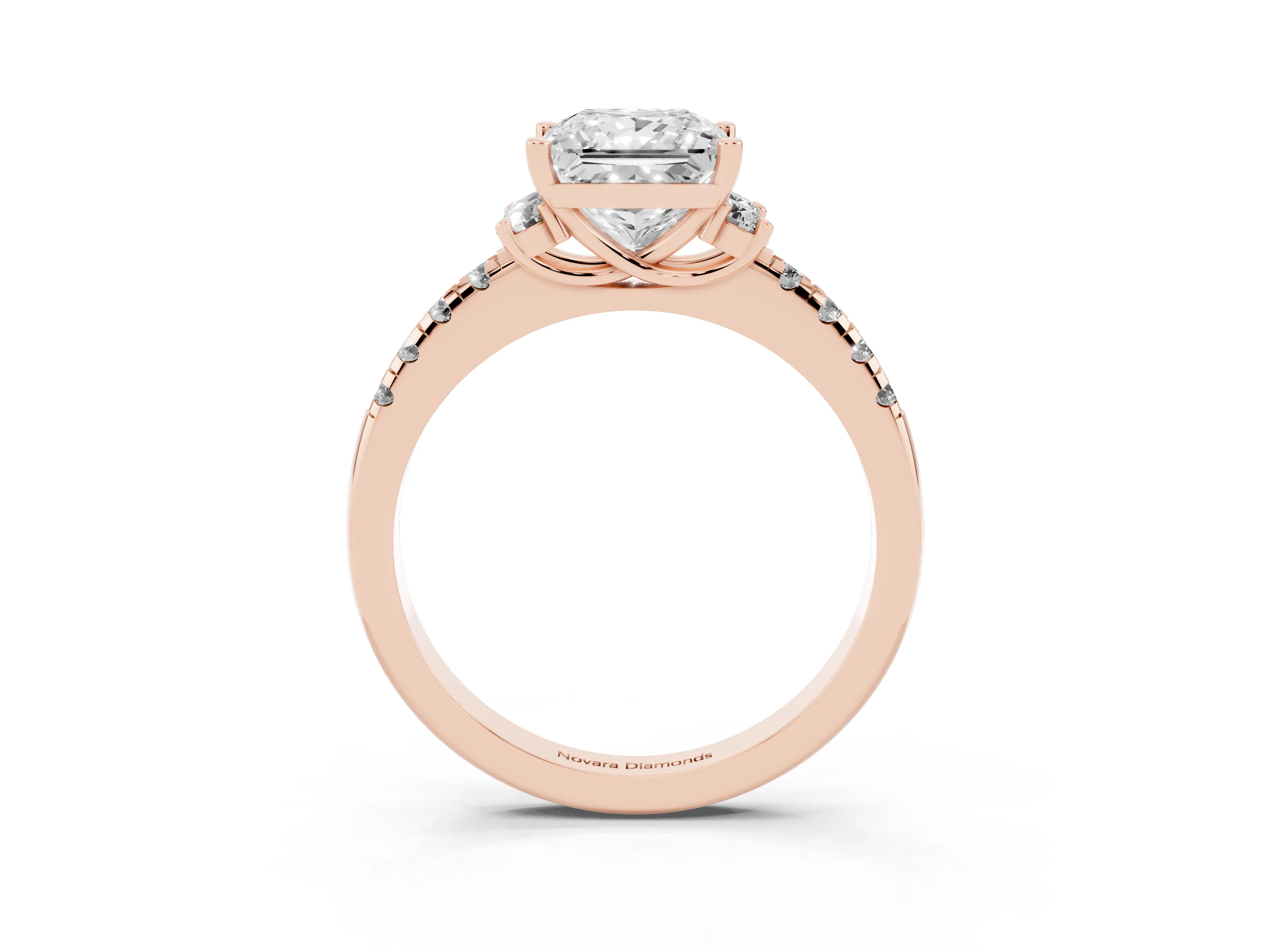 Princess Cut Diamond Three-Stone Pavé Ring Set in Rose gold with Prong Setting