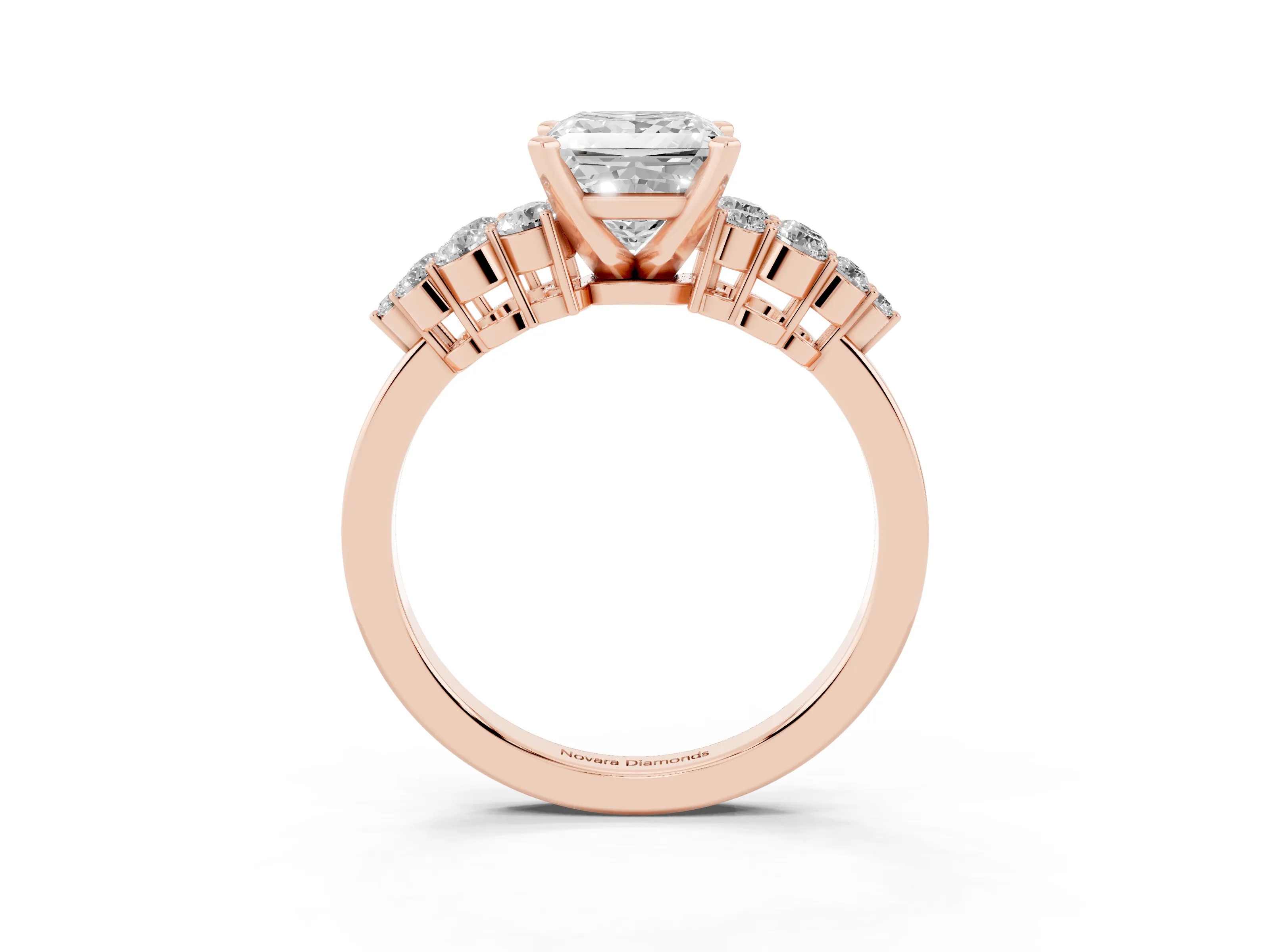Princess Cut Diamond Cluster Engagement Ring Set in Rose gold with Pavé Band and Prong Setting