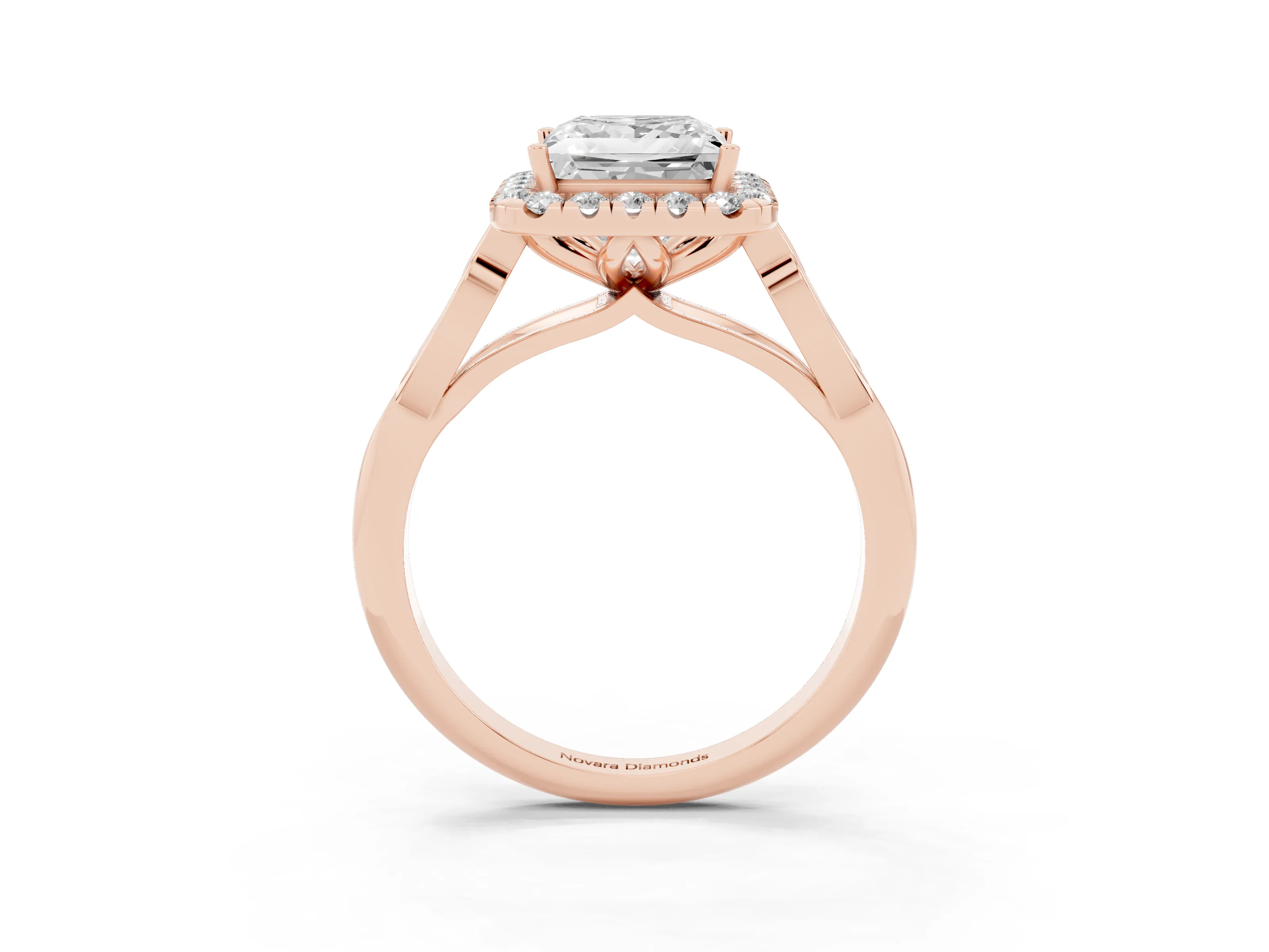 Princess Cut Diamond Halo Engagement Ring Set in Rose gold with Filigree Band and Prong-Set Center