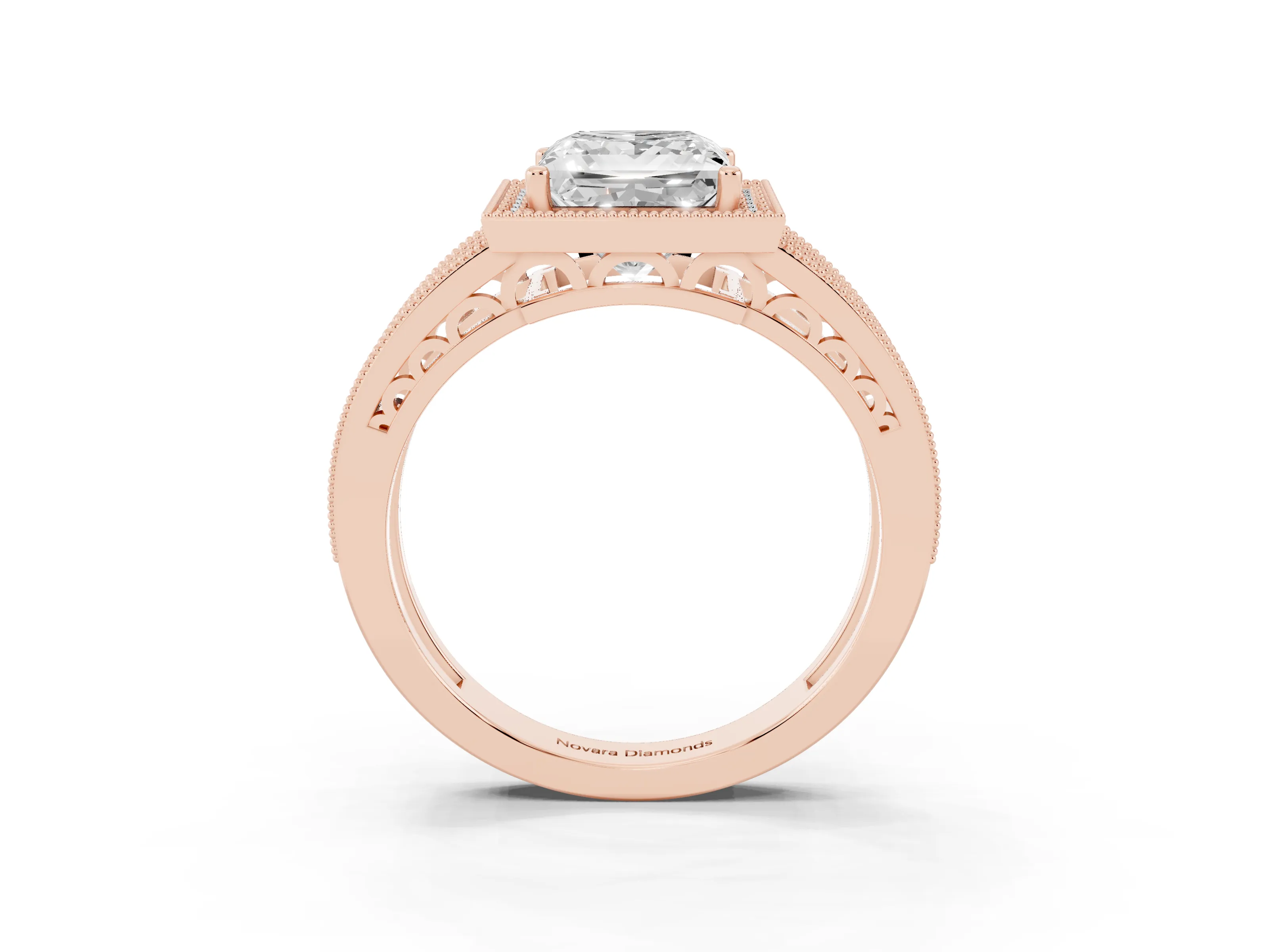 Princess Cut Diamond Halo Ring Set in Rose gold with Accent Split Shank and Prong Setting