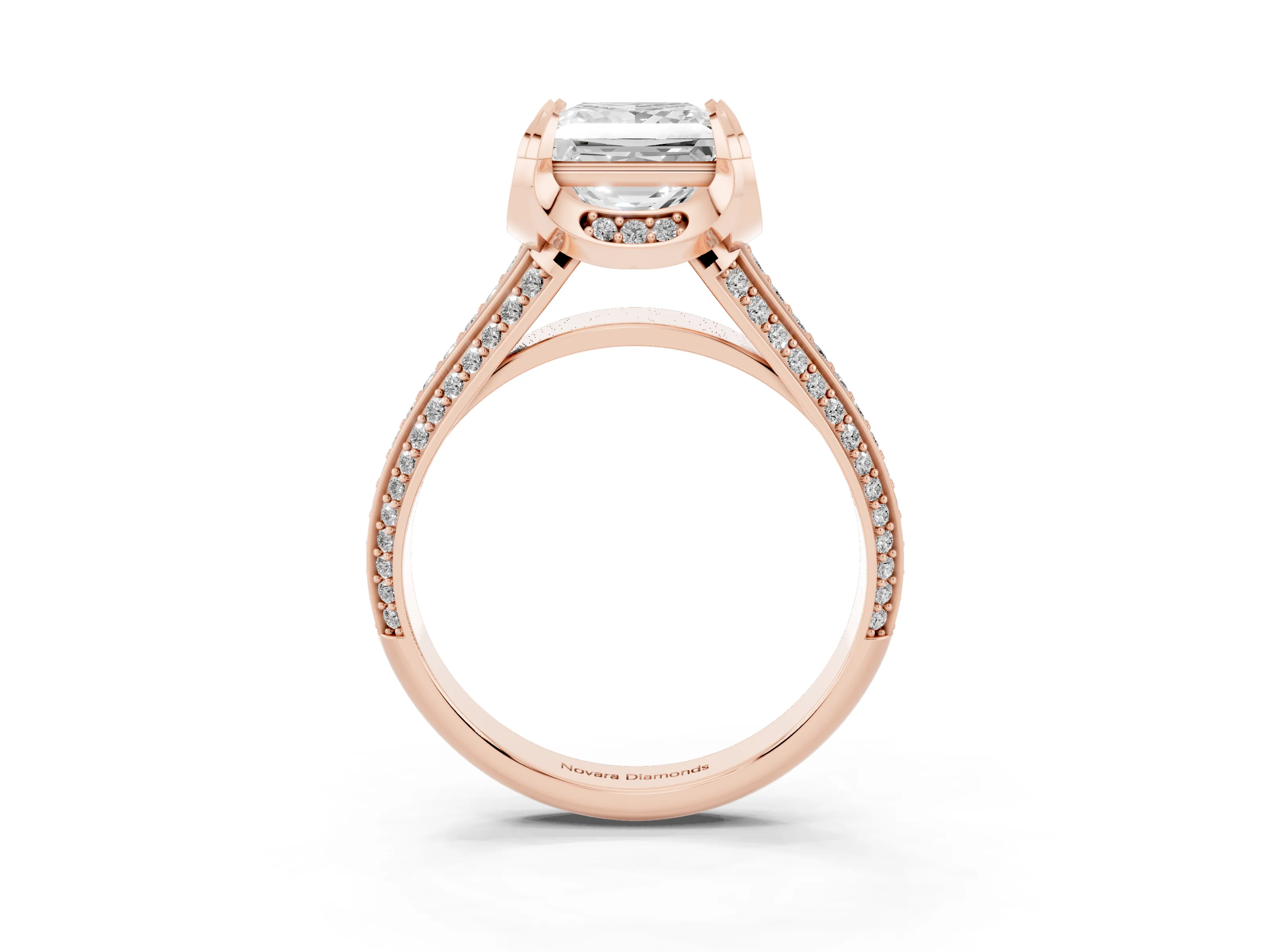 Princess Cut Diamond Pavé Split Shank Solitaire Ring Set in Rose gold with Prong Setting