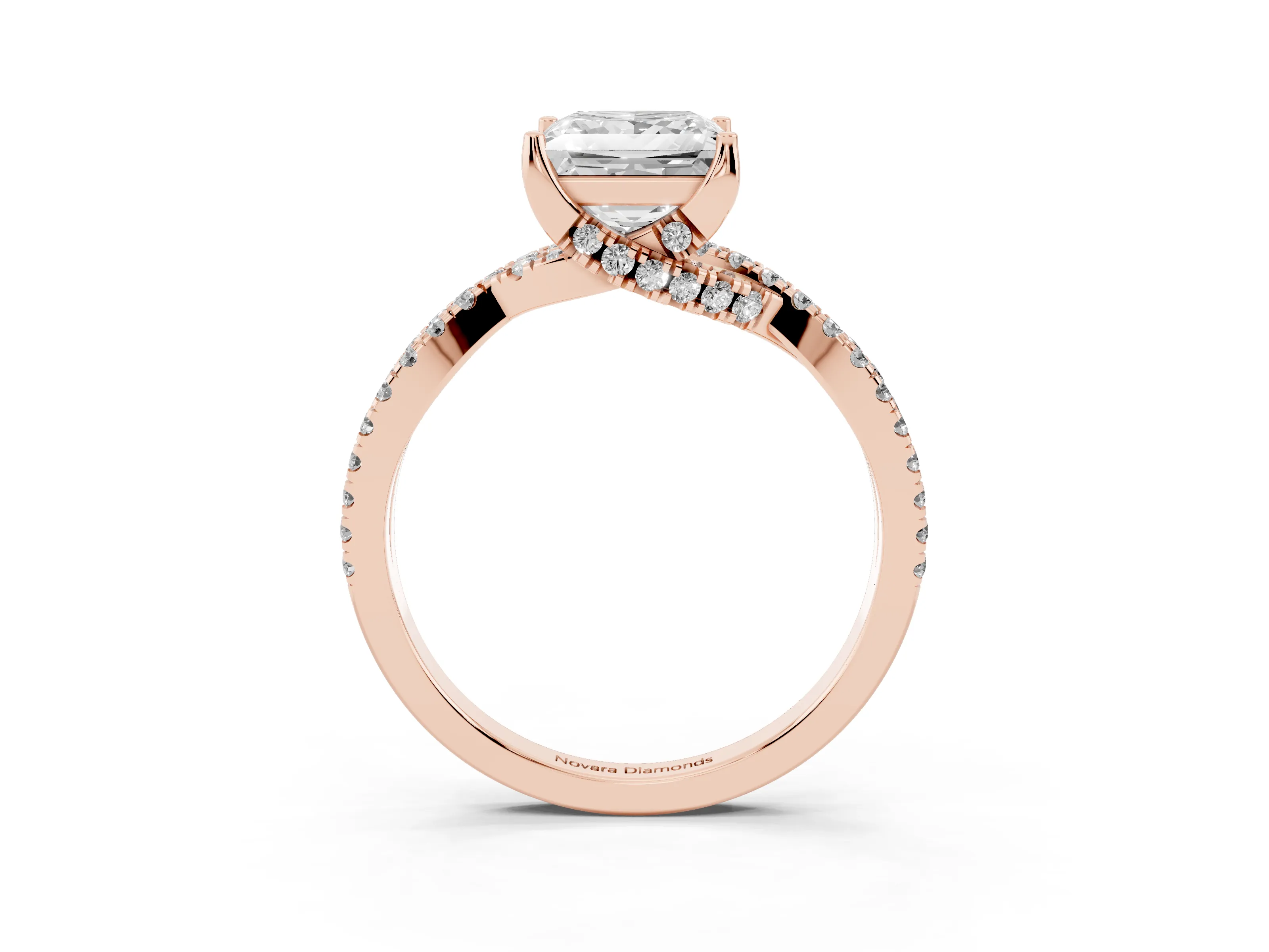 Princess Cut Diamond Twist Pavé Solitaire Engagement Ring Set in Rose gold with Prong Setting