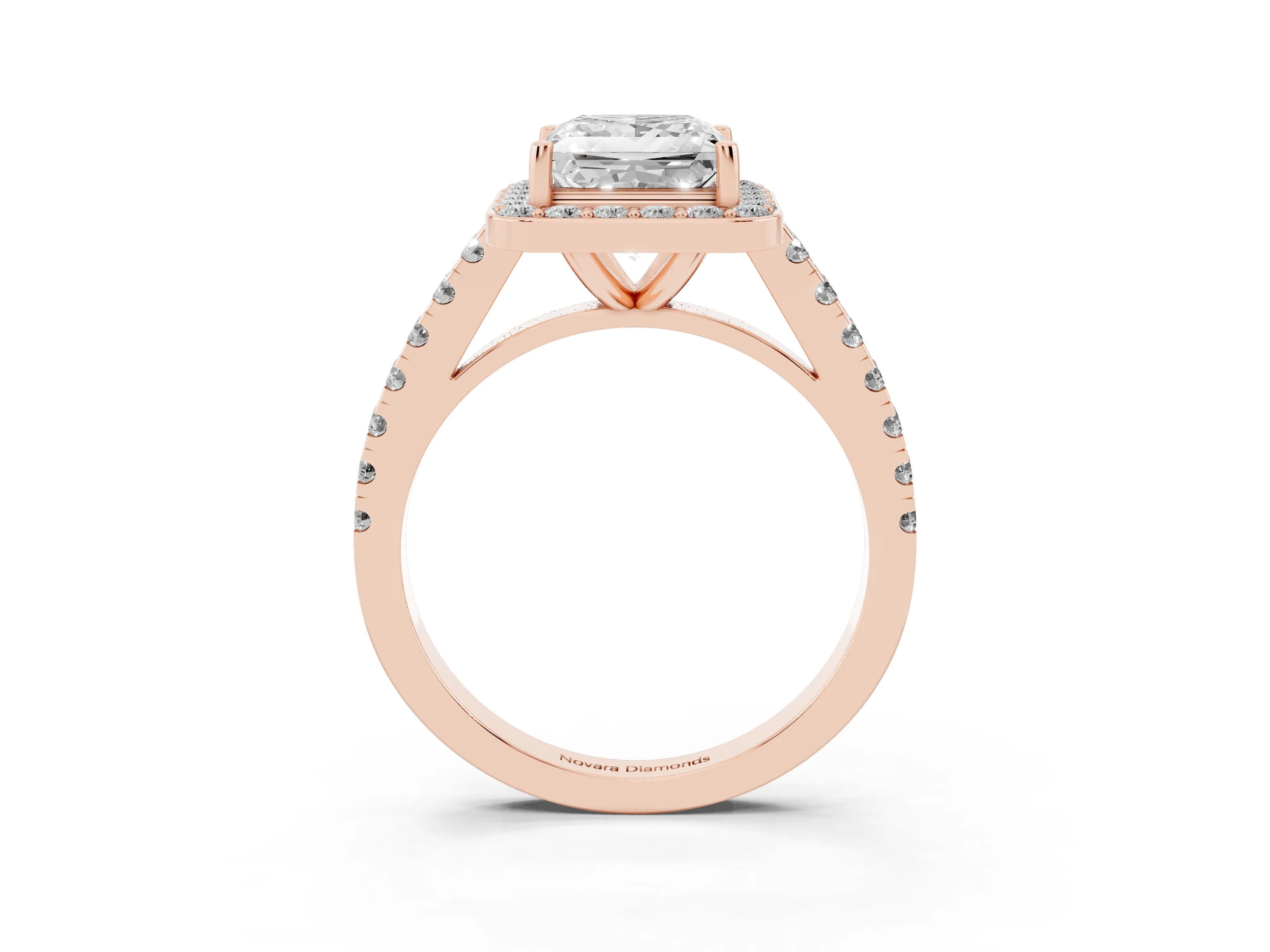 Princess Cut Diamond Halo Ring Set in Rose gold with Round Pavé Split Shank and Prong Setting