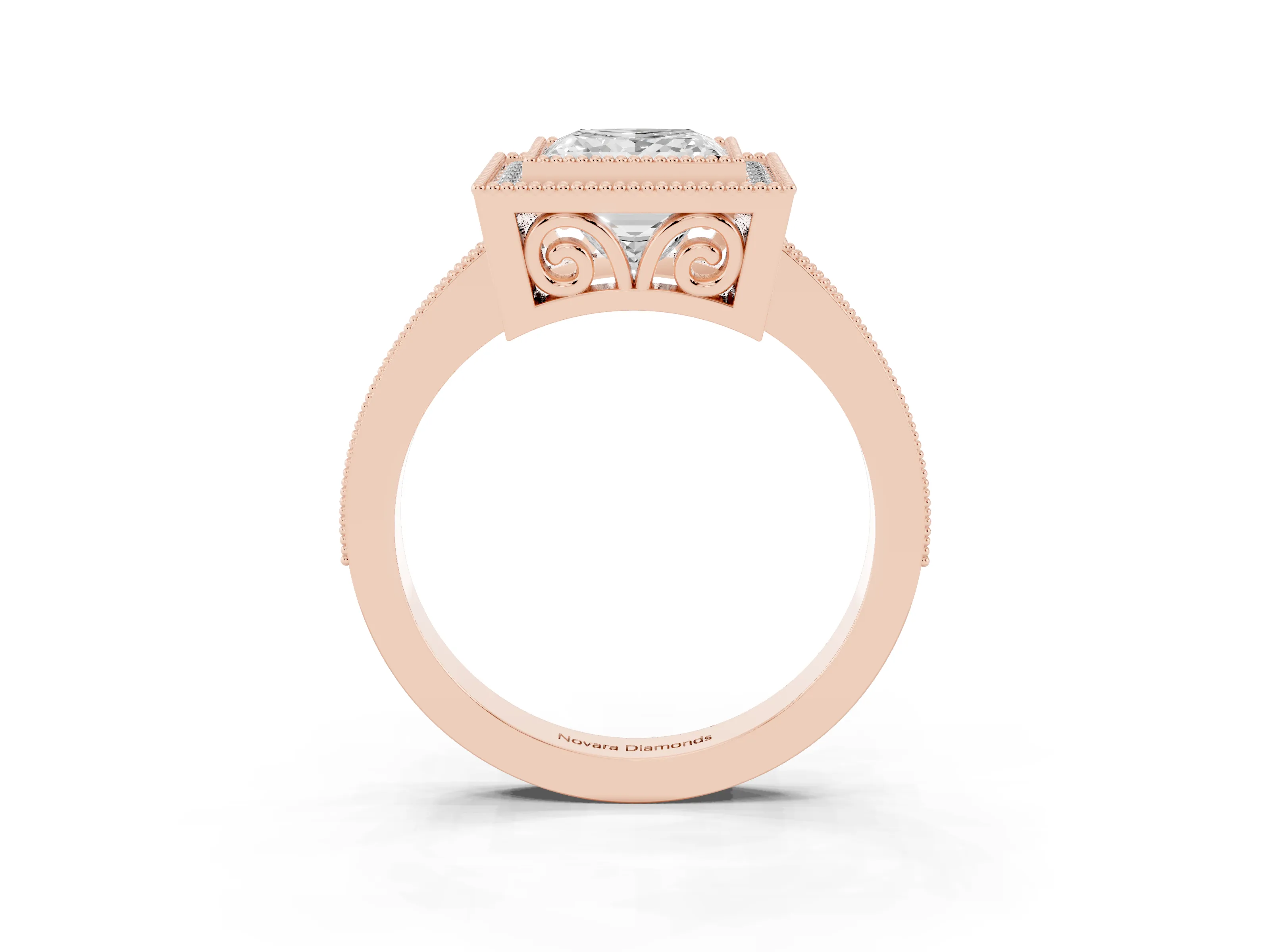 Princess Cut Diamond Halo Ring Set in Rose gold with Pavé Band and Milgrain-Edged Prongs