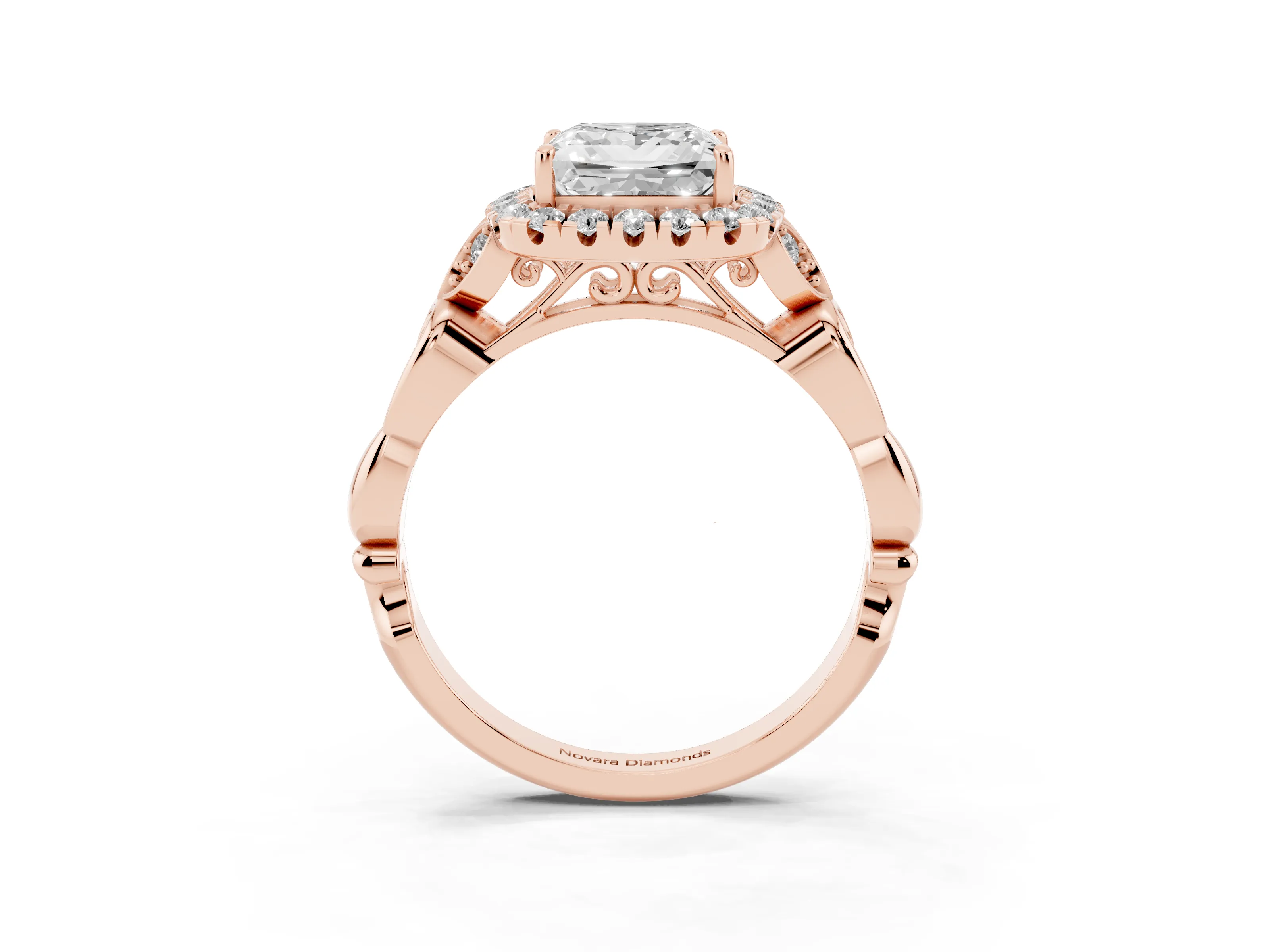 Princess Cut Diamond Halo Engagement Ring Set in Rose gold with Vintage-Inspired Band and Prong Setting