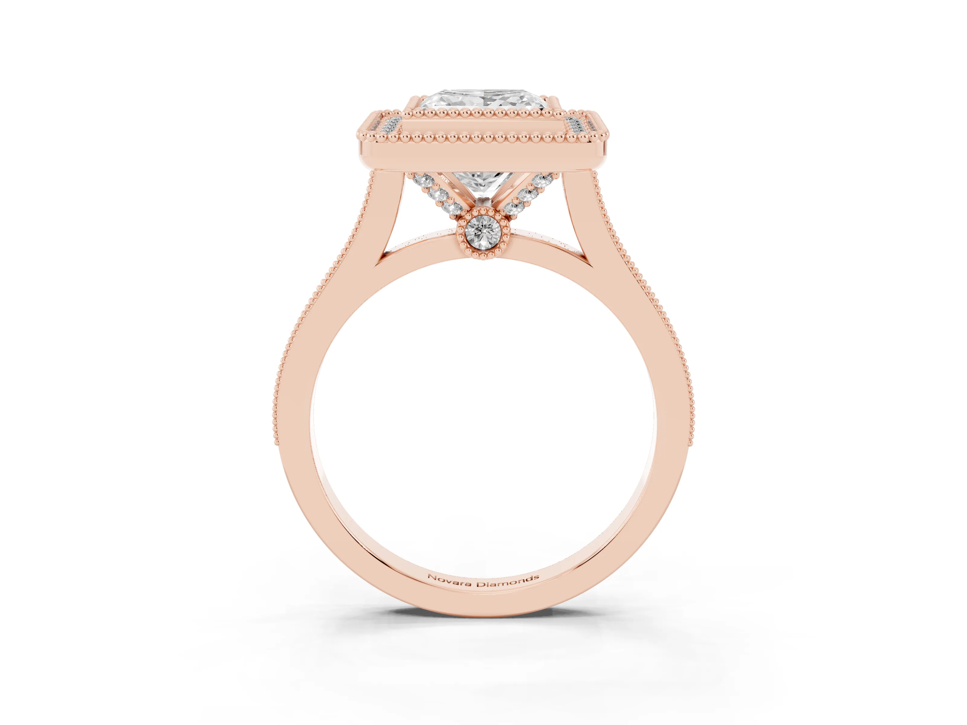 Princess Cut Diamond Halo Ring Set in Rose gold with Milgrain Frame and Pavé Band