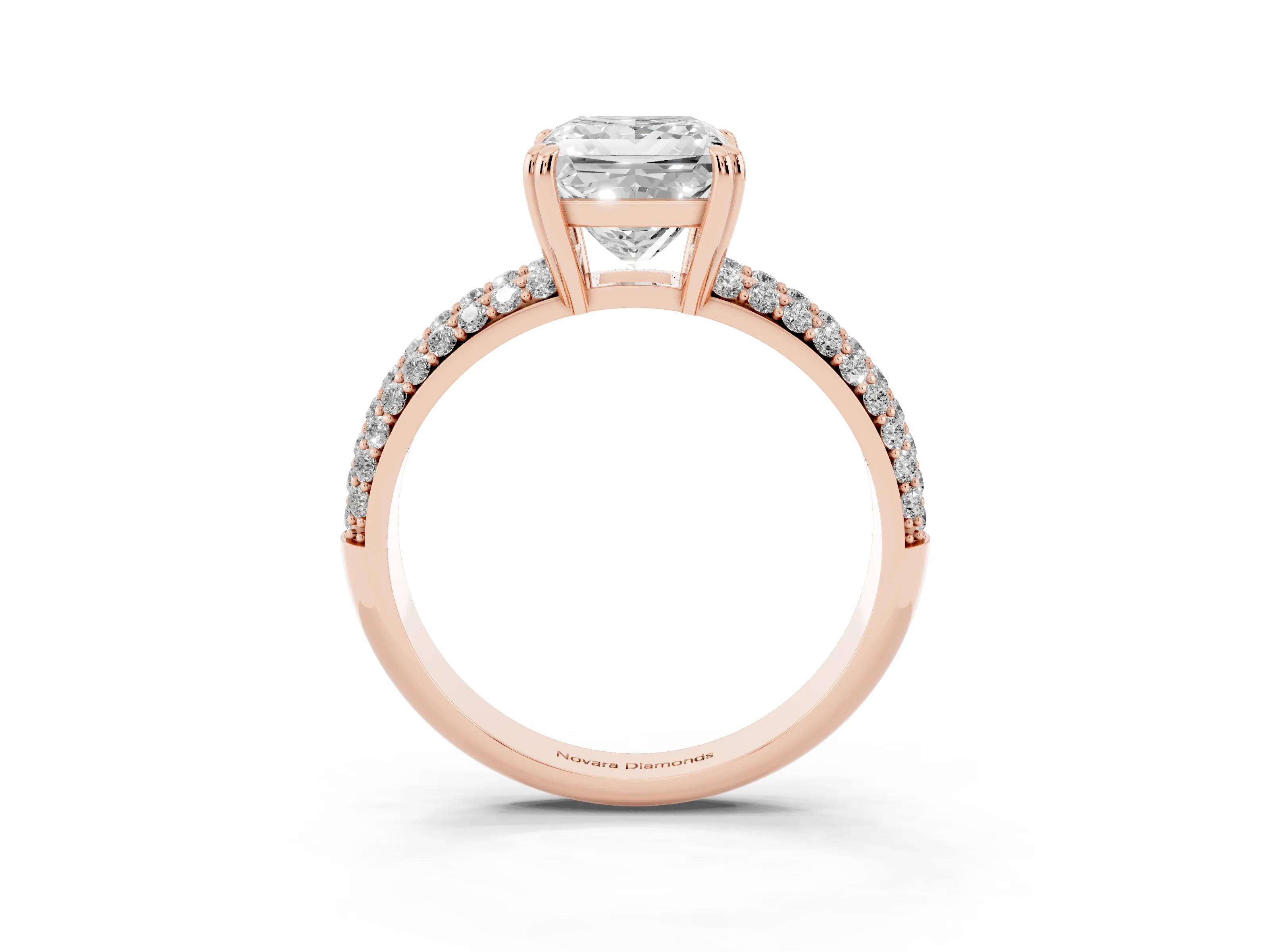 Princess Cut Diamond Solitaire Ring Set in Rose gold with Multi-Row Round Pavé Band and Prong Setting