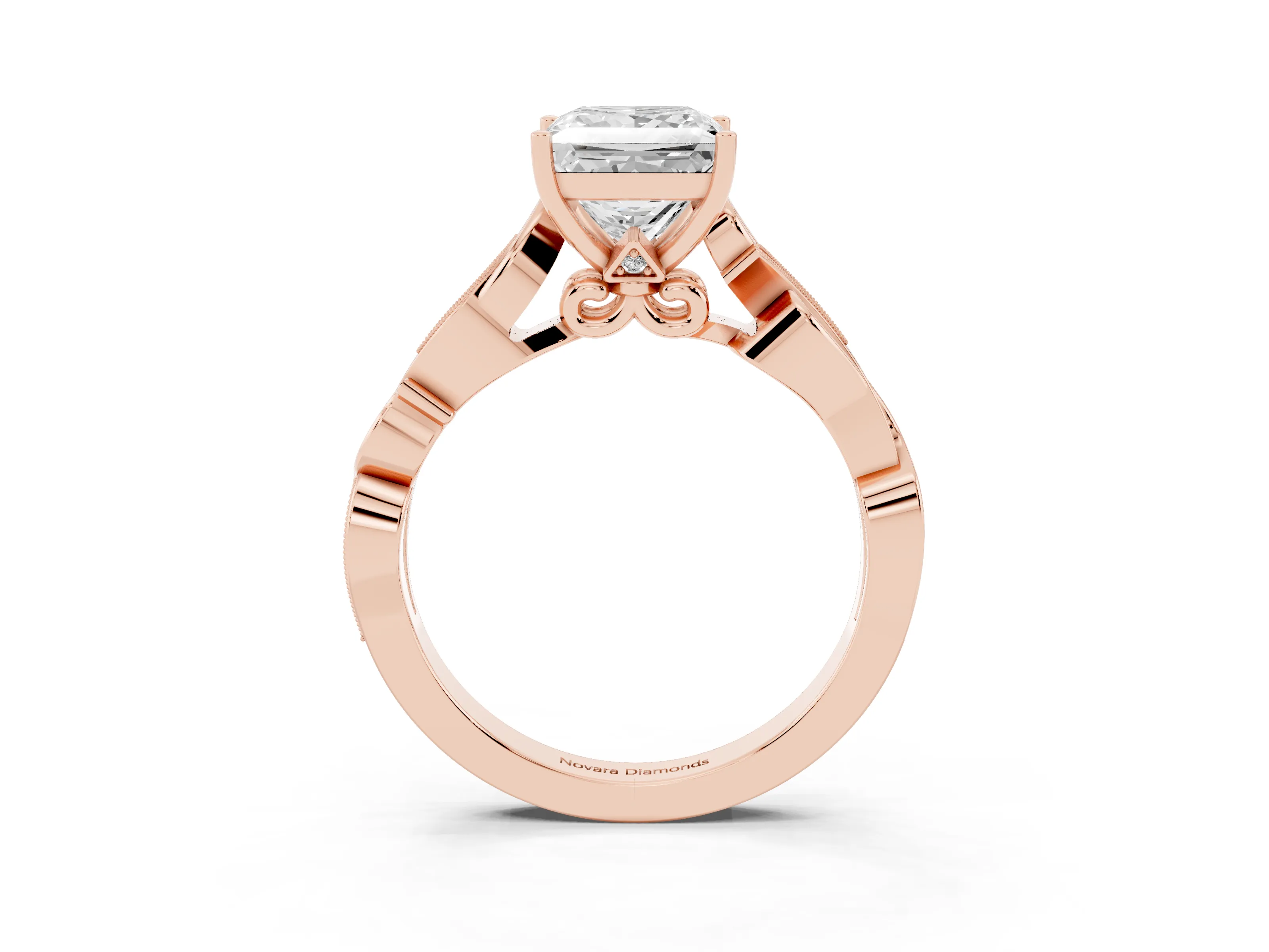 Princess Cut Diamond Vine Band Solitaire Ring Set in Rose gold with Milgrain Prong Setting