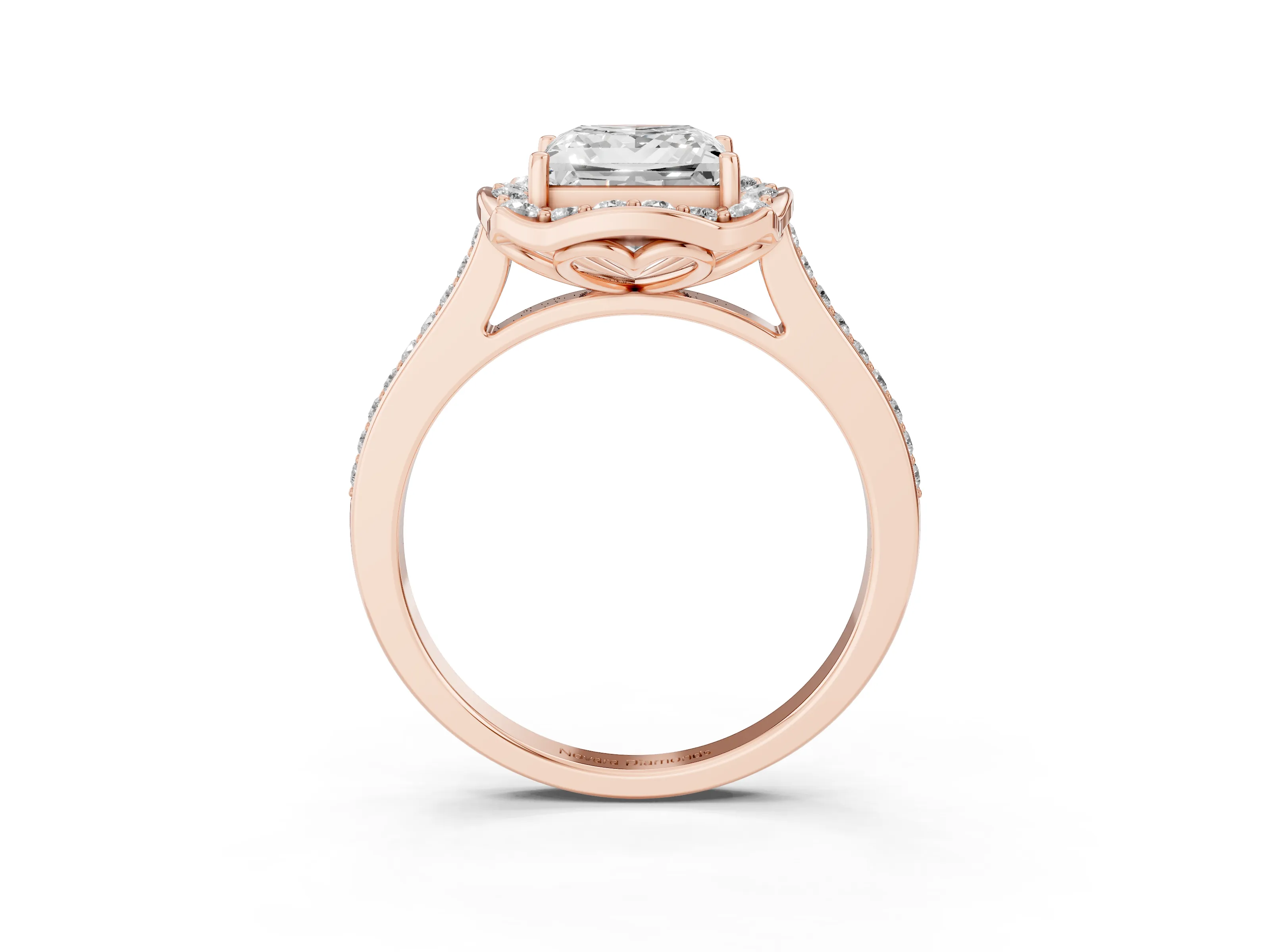 Princess Cut Diamond Halo Ring Set in Rose gold with Pavé-Lined Shoulders and Prong Setting