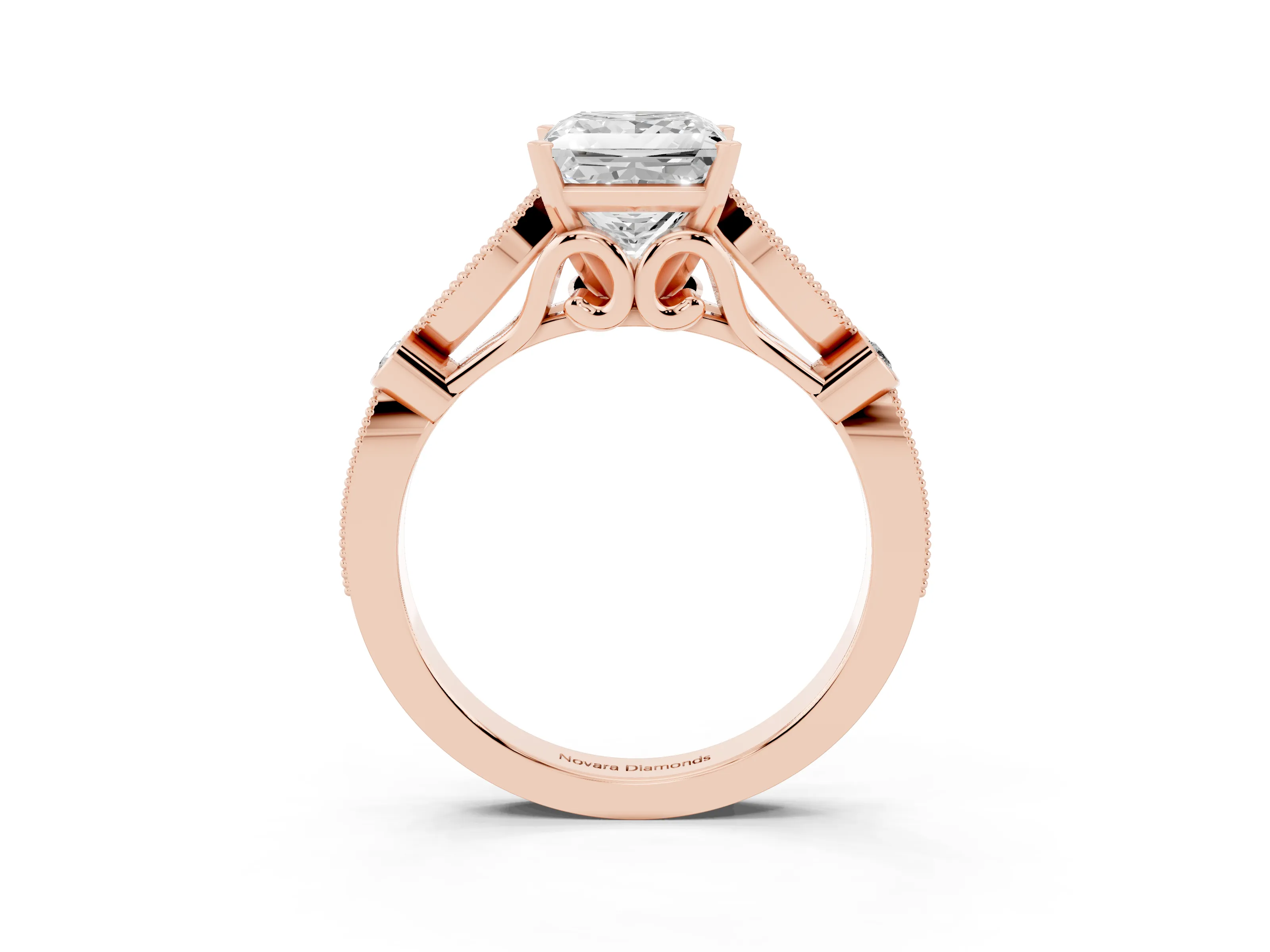 Princess Cut Diamond Solitaire Ring Set in Rose gold with Milgrain Marquise and Bezel Accents