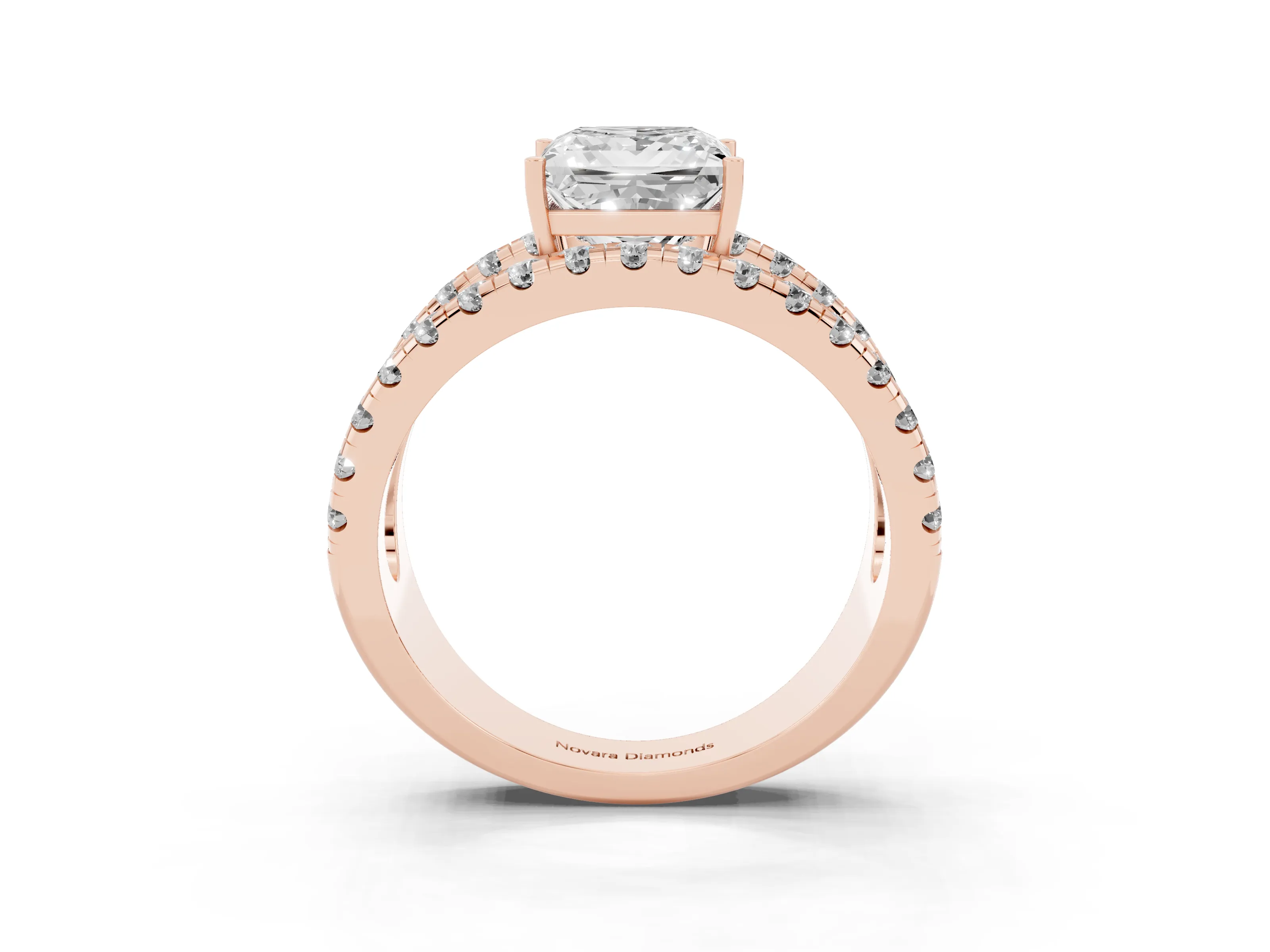 Princess Cut Diamond Split Shank Pavé Solitaire Ring Set in Rose gold with Open Shank Design