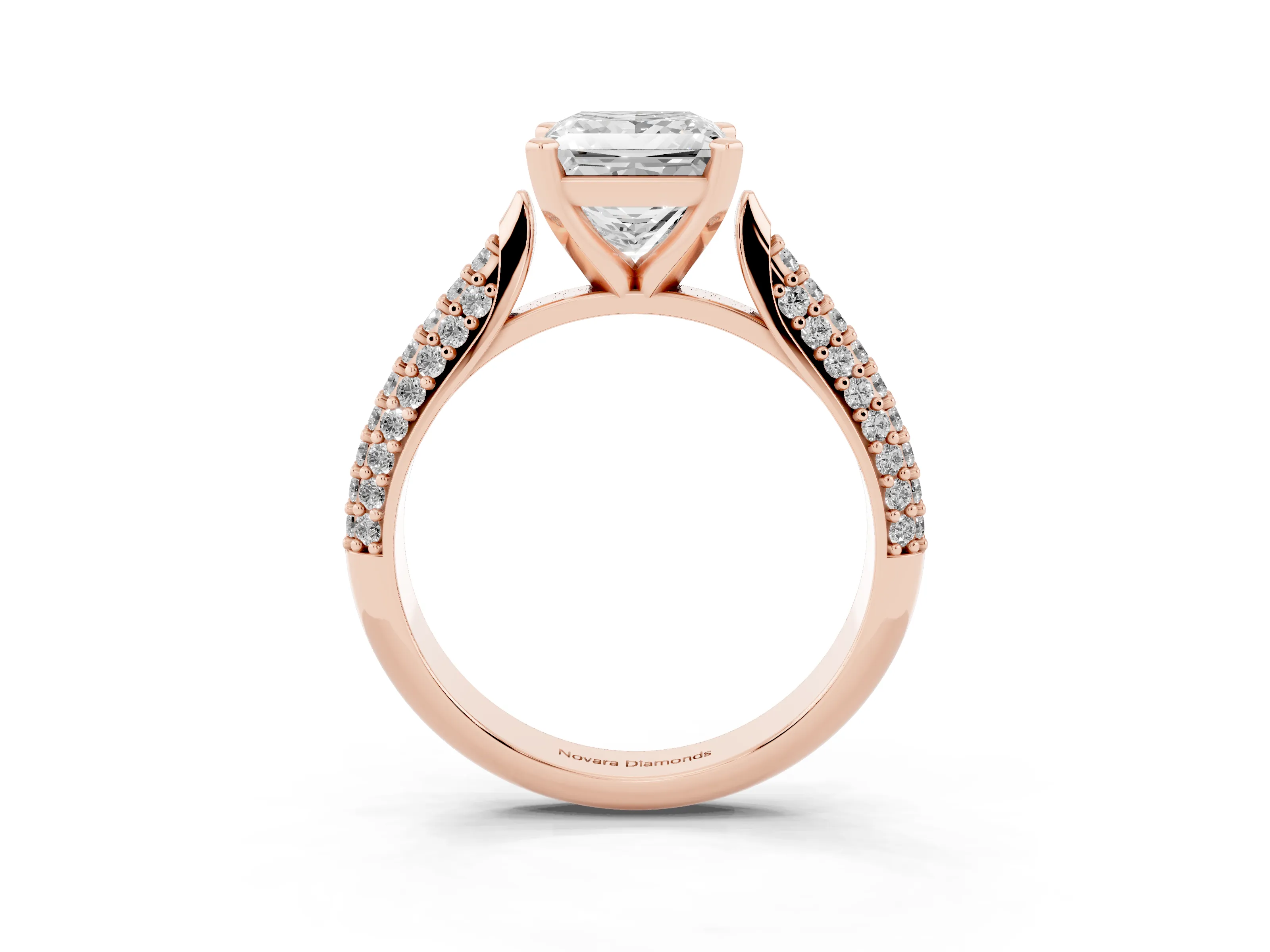 Princess Cut Diamond Solitaire Engagement Ring Set in Rose gold with Multi-Row Round Pavé Band and Prong Setting