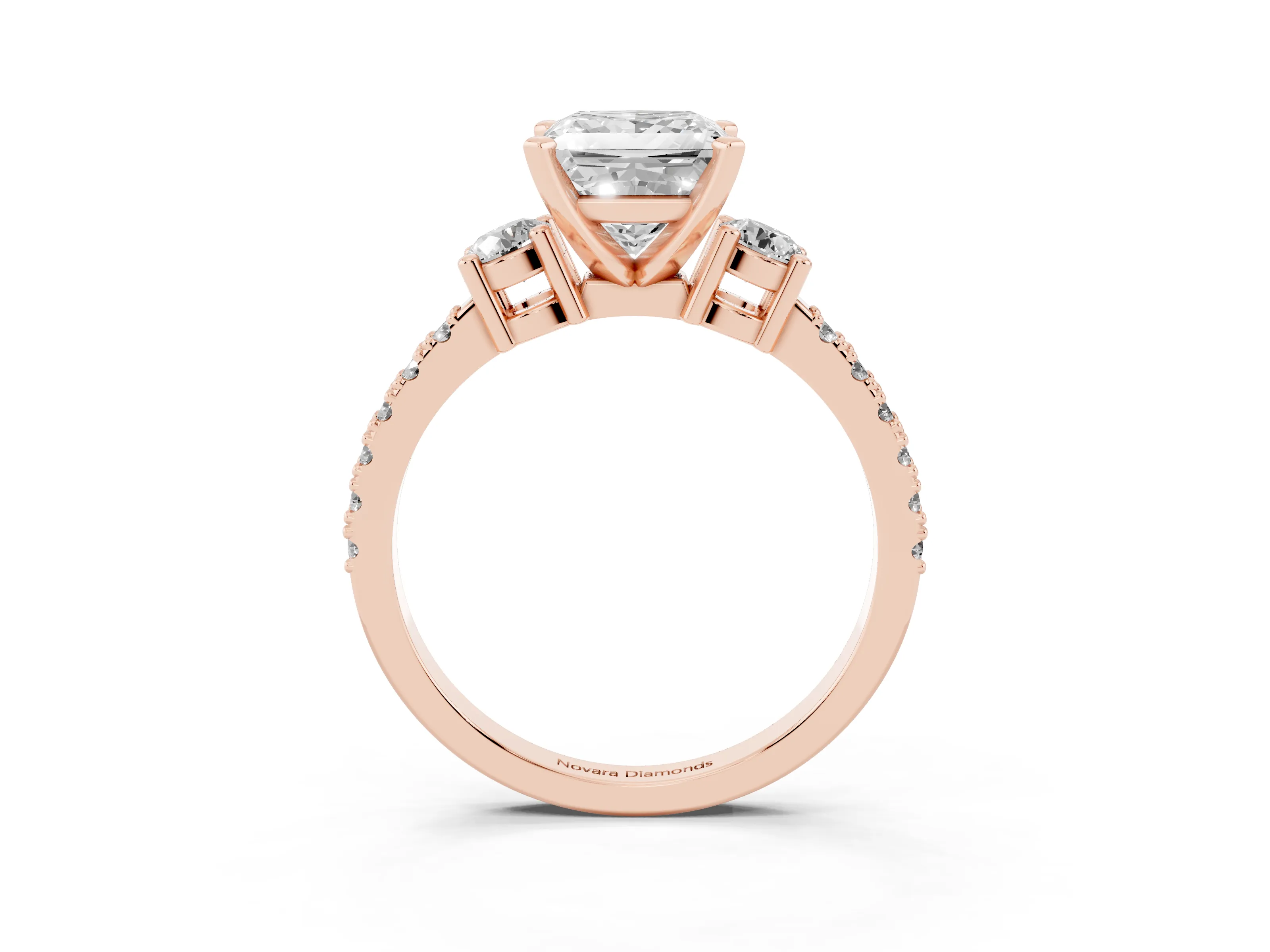 Three-Stone Princess Cut Diamond Pavé Band Ring Set in Rose gold with Prong Setting