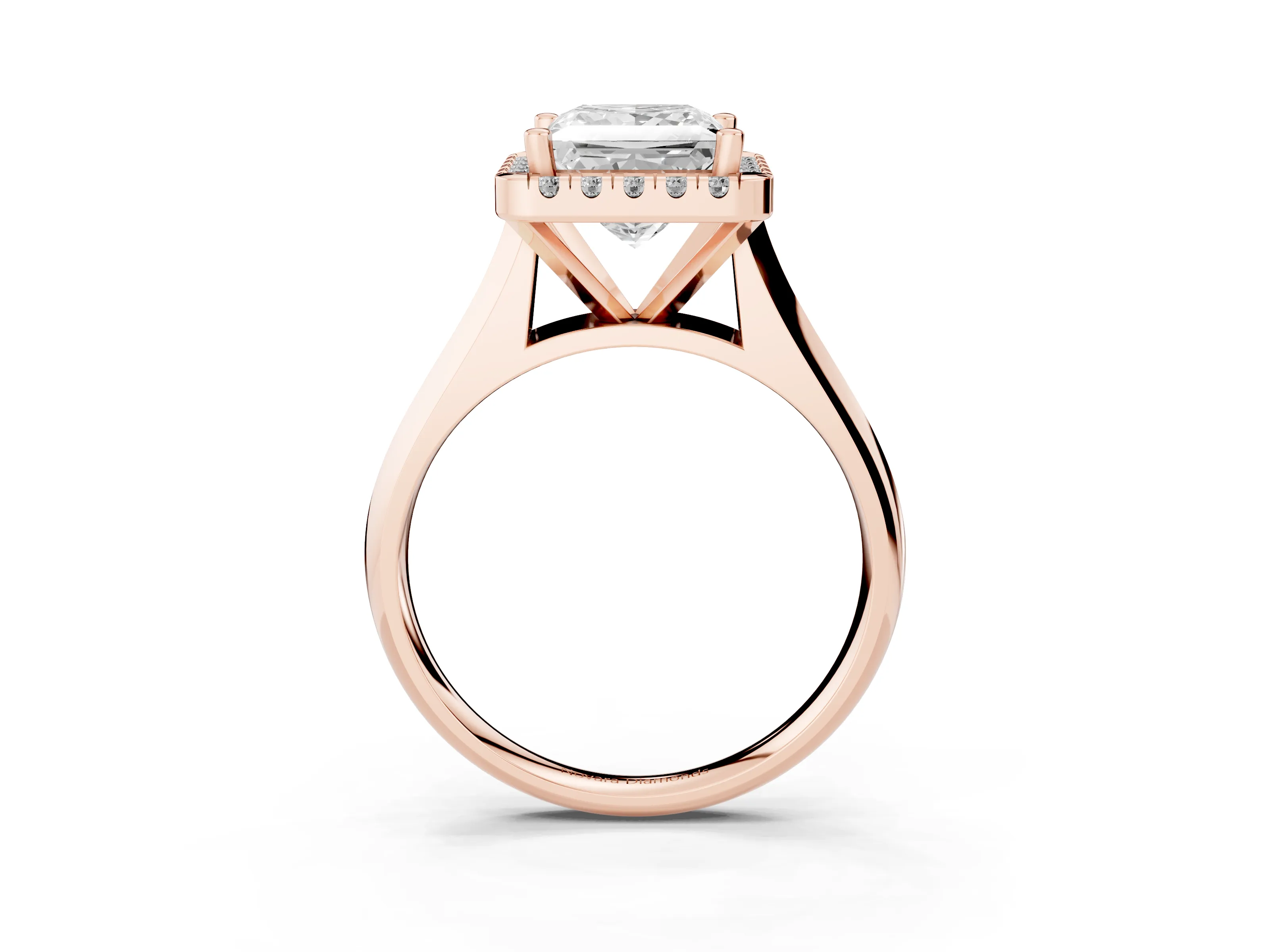 Princess Cut Diamond Halo Solitaire Engagement Ring Set in Rose gold with Square Band and Prong Setting