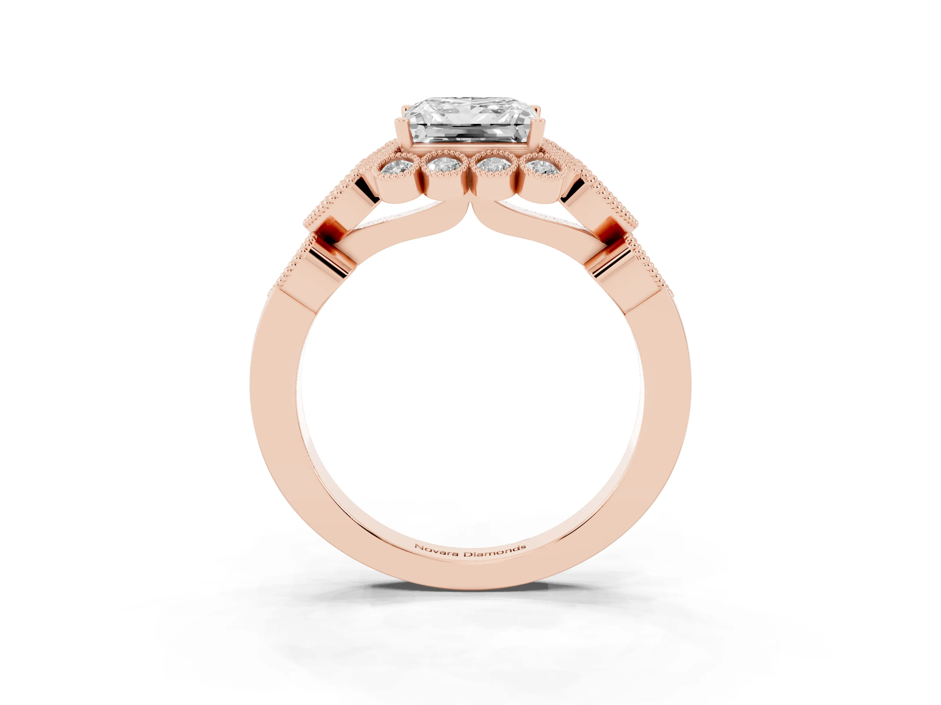 Princess Cut Diamond Solitaire Ring Set in Rose gold with Milgrain Pavé Heart Band