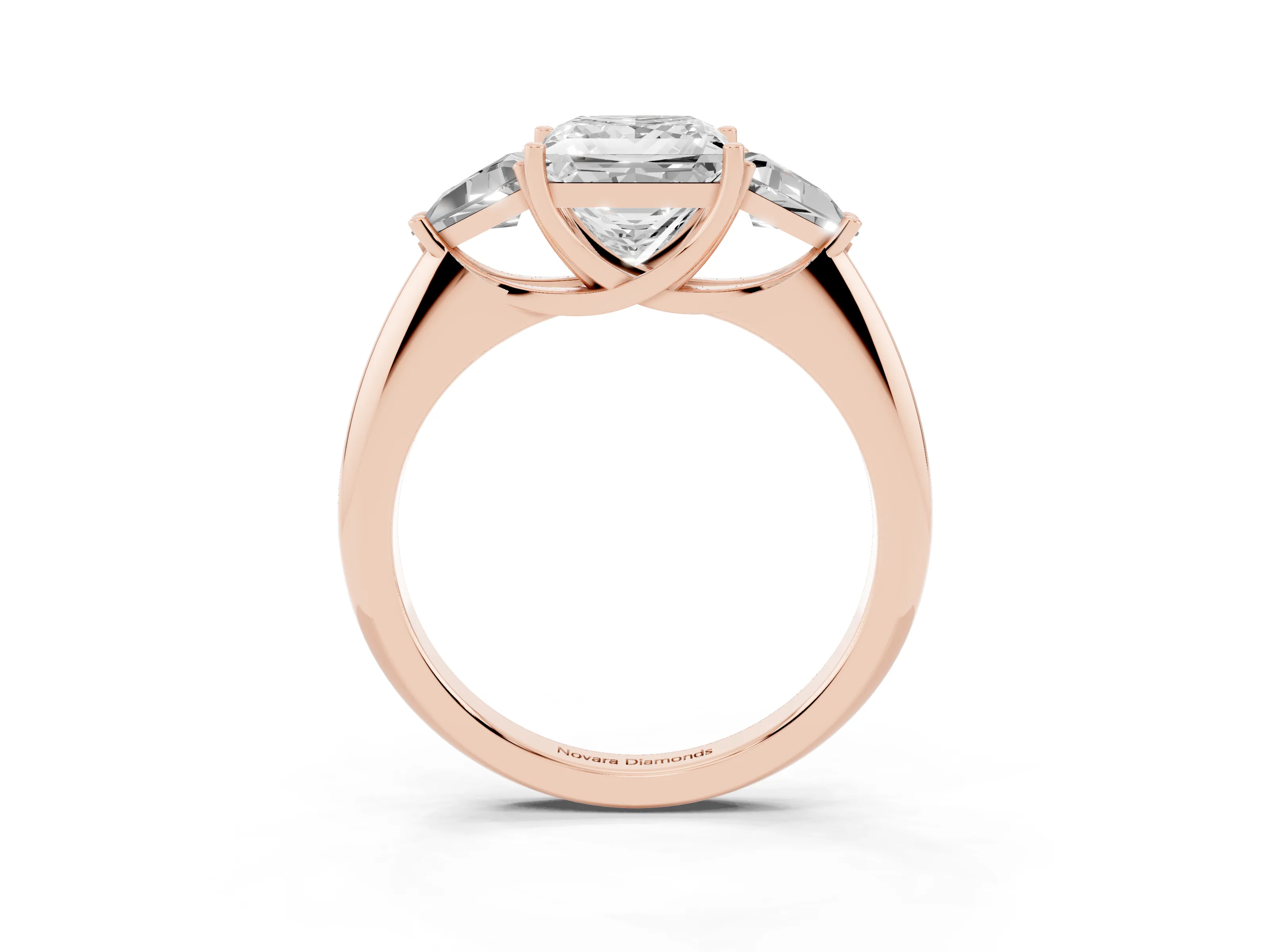 Princess Cut Diamond Three-Stone Engagement Ring Set in Rose gold with Trillion Side Stones