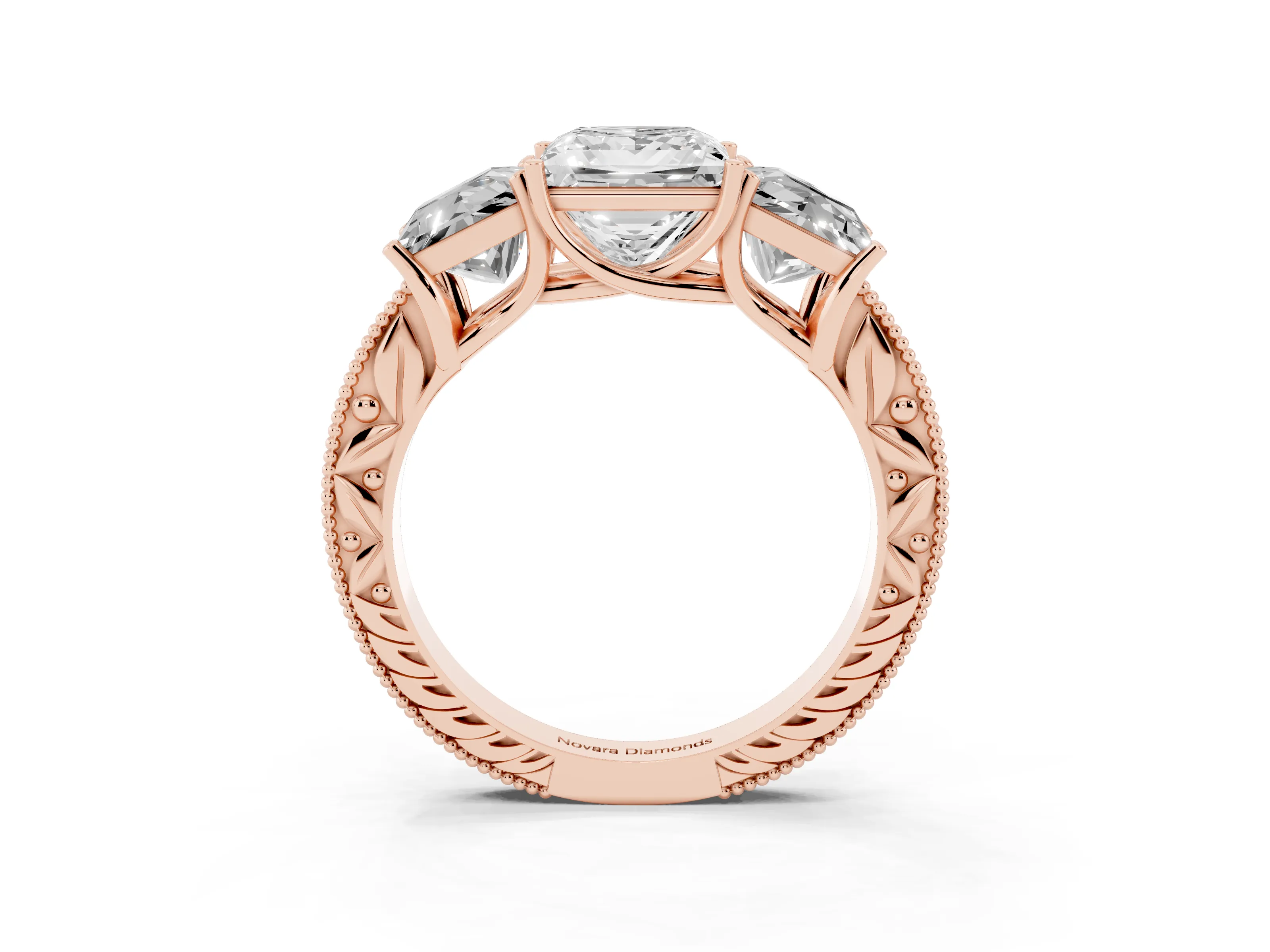 Princess Cut Diamond Three-Stone Engagement Ring Set in Rose gold with Milgrain Pavé Band