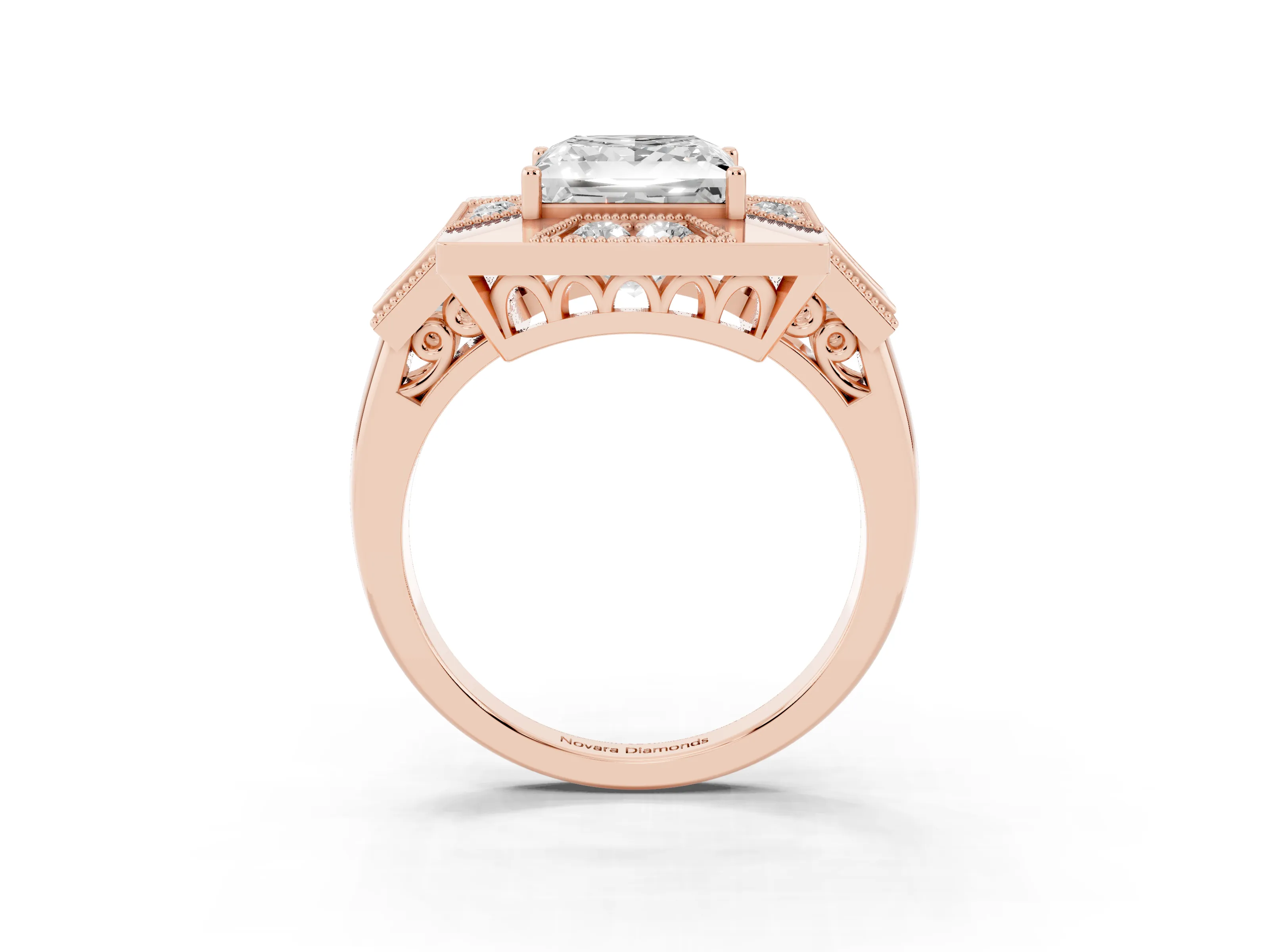 Princess Cut Diamond Milgrain Halo Ring Set in Rose gold with Split Shank