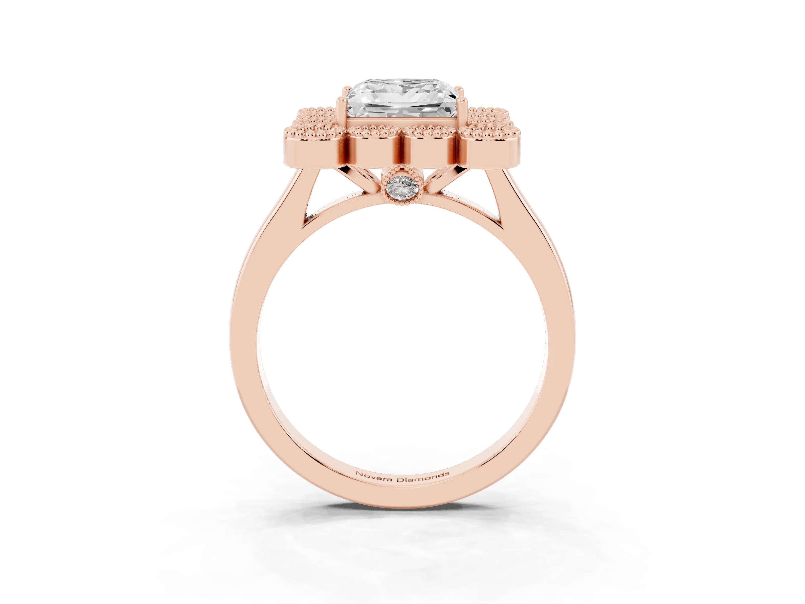 Princess Cut Diamond Cluster Halo Ring Set in Rose gold with Milgrain Bezel Accents and Plain Band