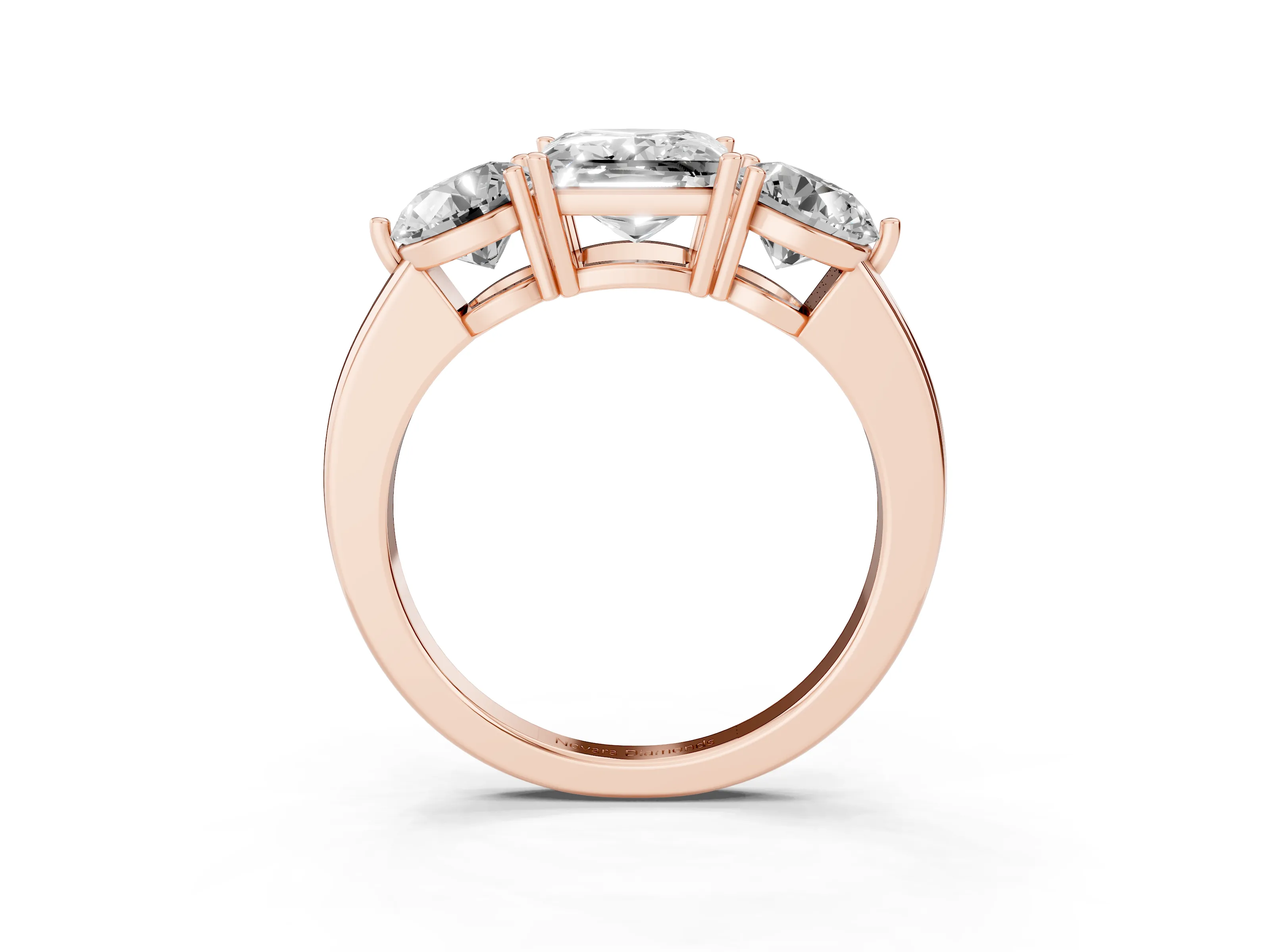 Princess Cut Diamond Three-Stone Ring Set in Rose gold with Prong Setting and Plain Band