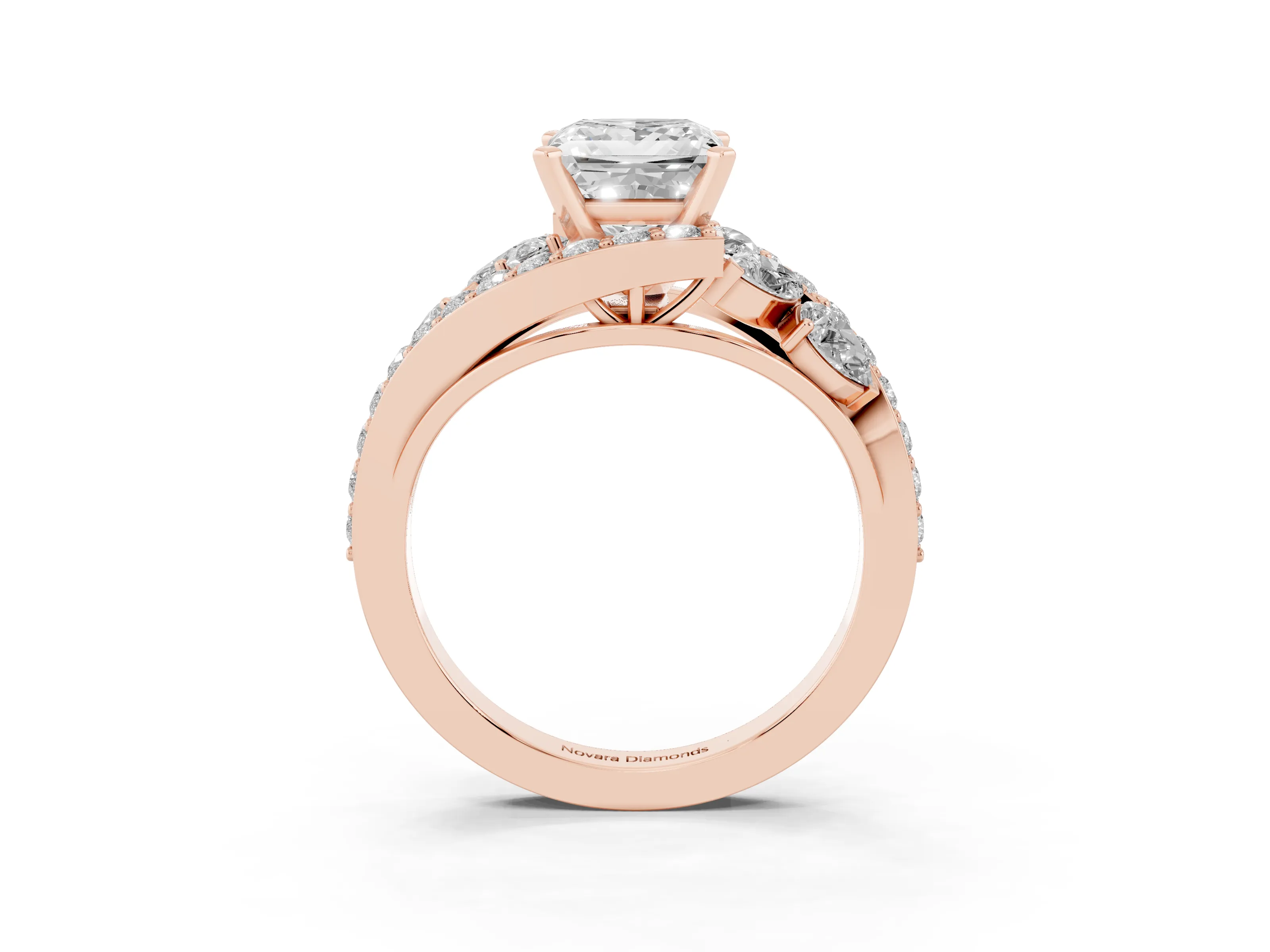 Princess Cut Diamond Halo Ring Set in Rose gold with Marquise and Pavé Band in Prong Setting