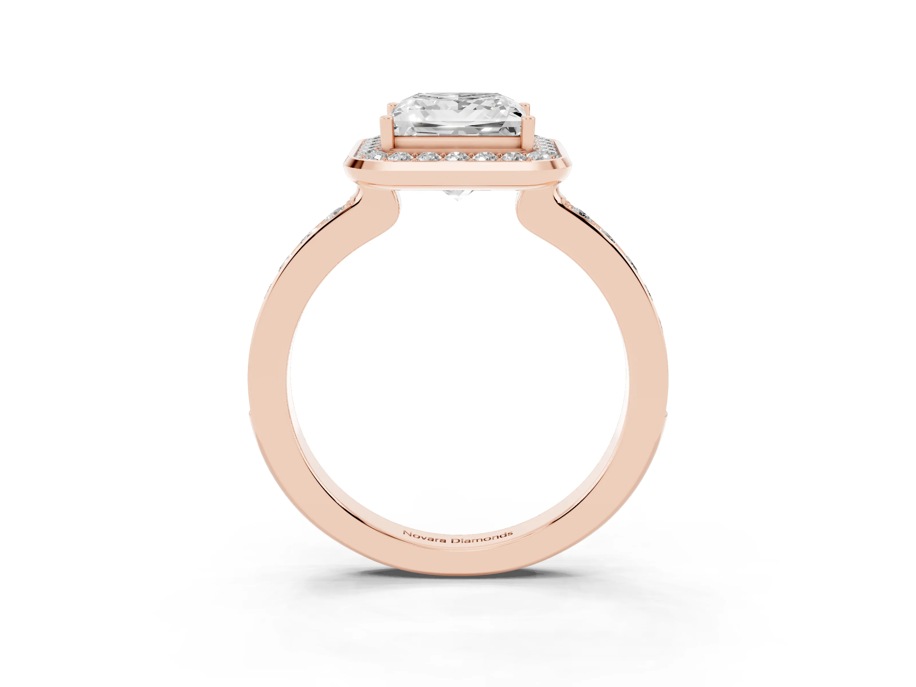 Princess Cut Diamond Halo Ring Set in Rose gold with Bezel Frame and Pavé Band