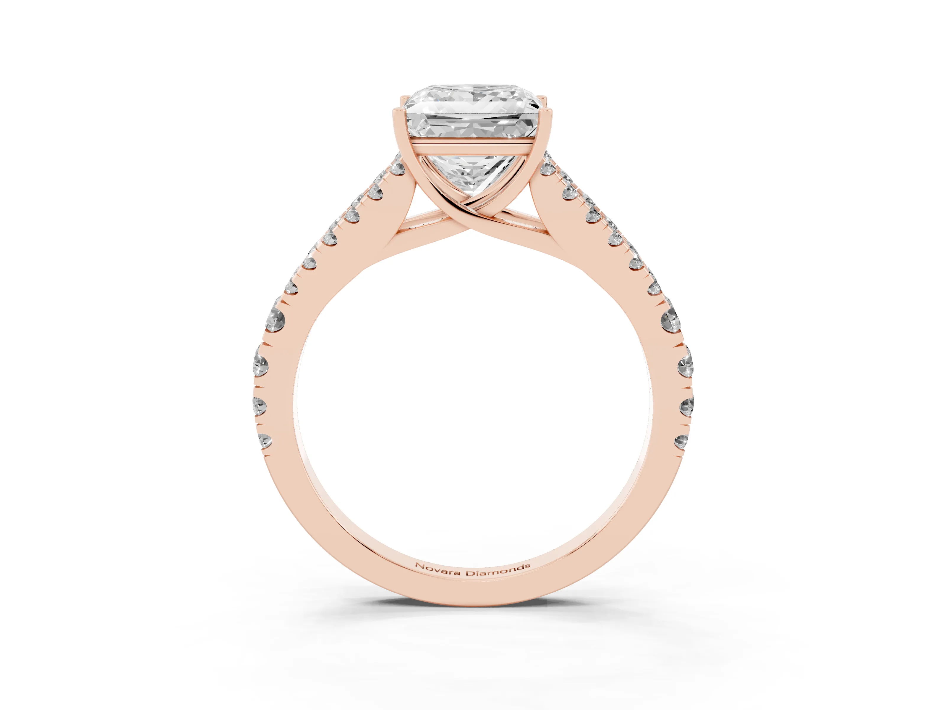 Princess Cut Diamond Split Shank Pavé Engagement Ring Set in Rose gold with Prong-Held Center Stone