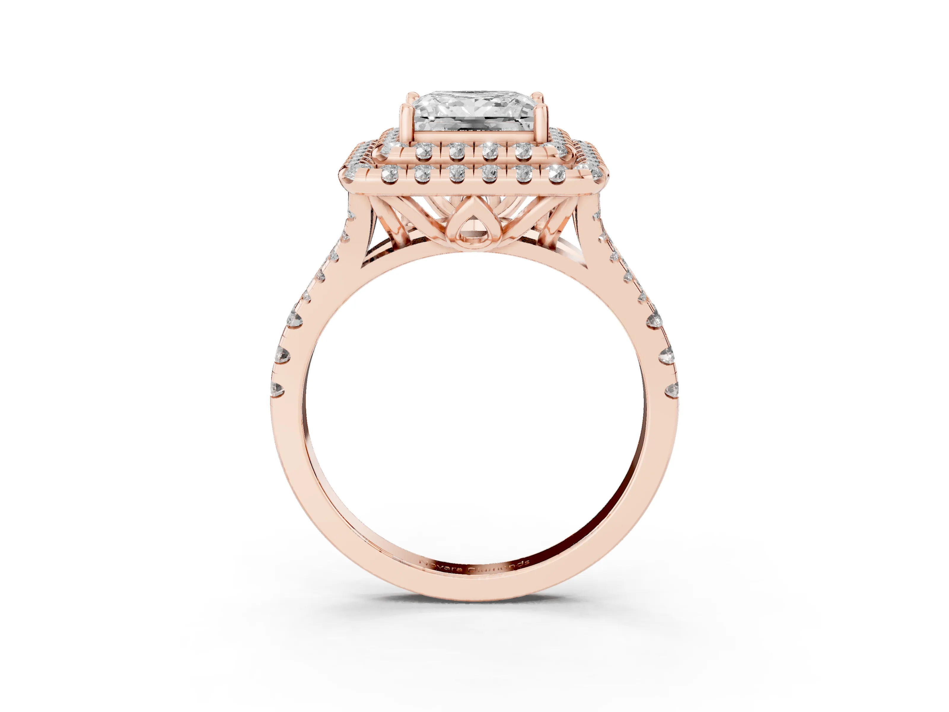 Princess Cut Diamond Double Halo Ring Set in Rose gold with Pavé Split Shank and Prong Setting