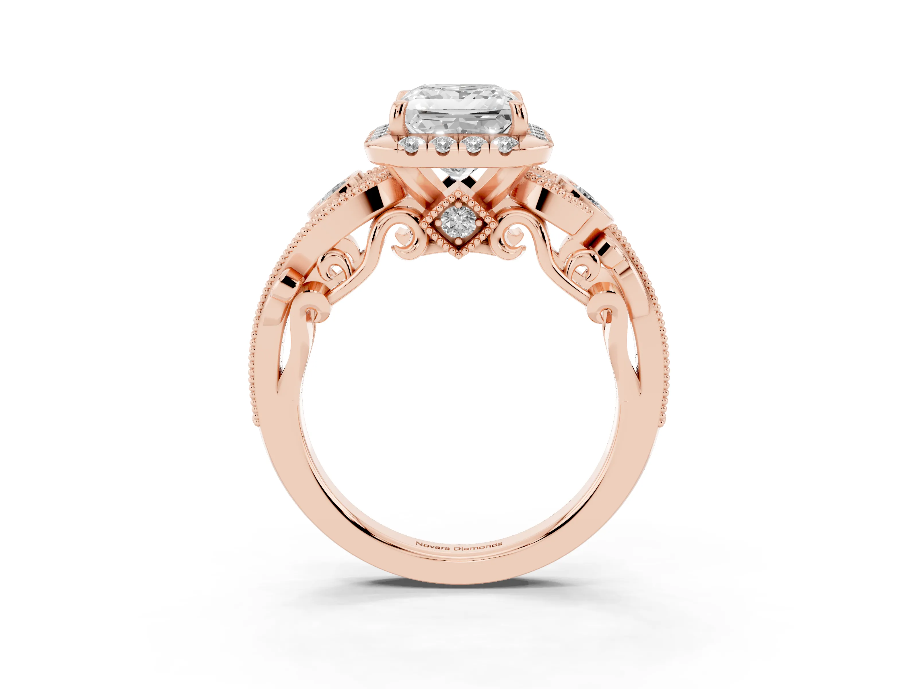 Princess Cut Diamond Halo Split Shank Ring Set in Rose gold with Milgrain and Bezel Accents