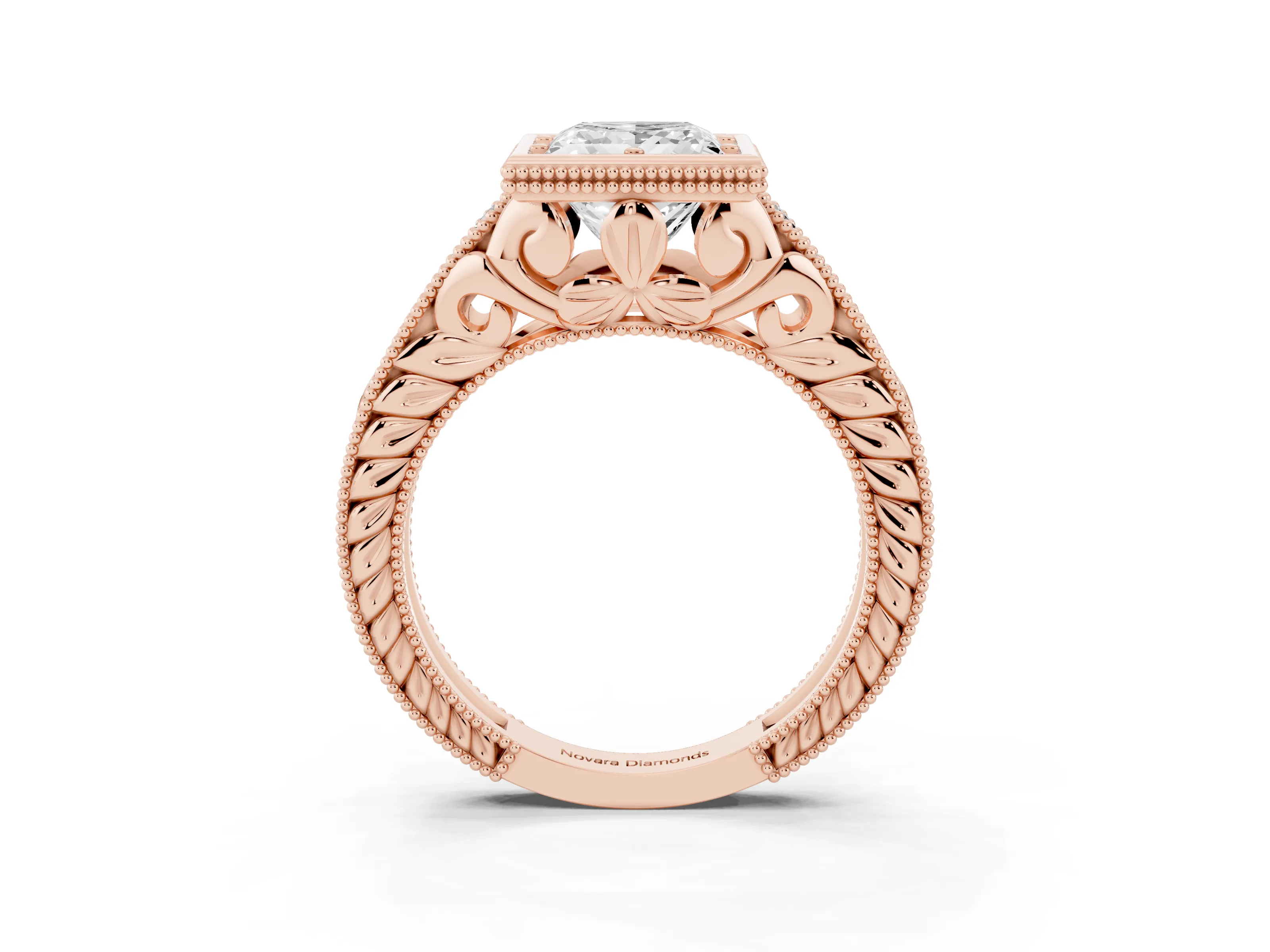 Bezel Set Princess Cut Diamond Milgrain Pavé Engagement Ring Set in Rose gold