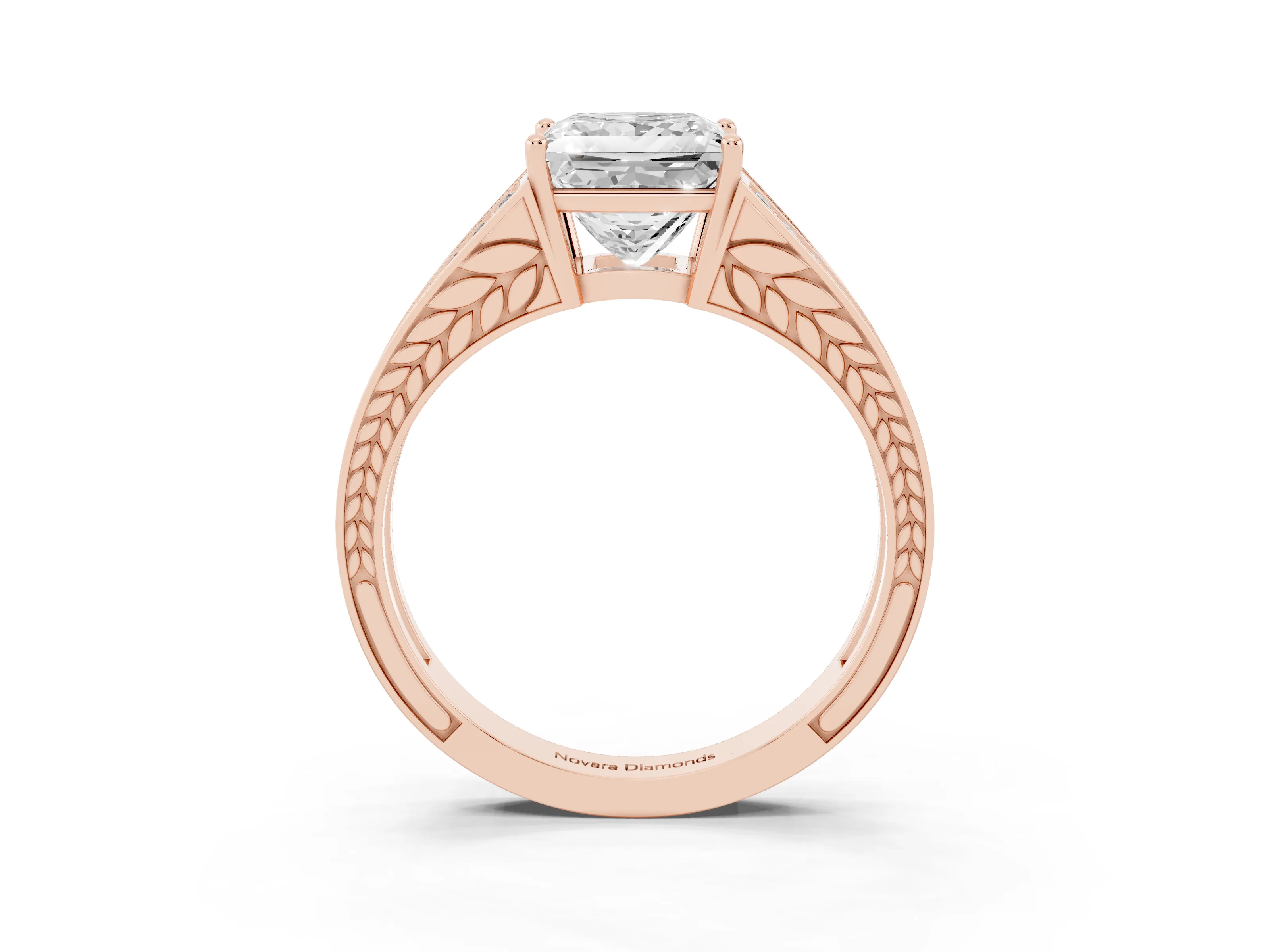 Princess Cut Diamond Split Shank Ring Set in Rose gold with Pavé Band and Prong Setting