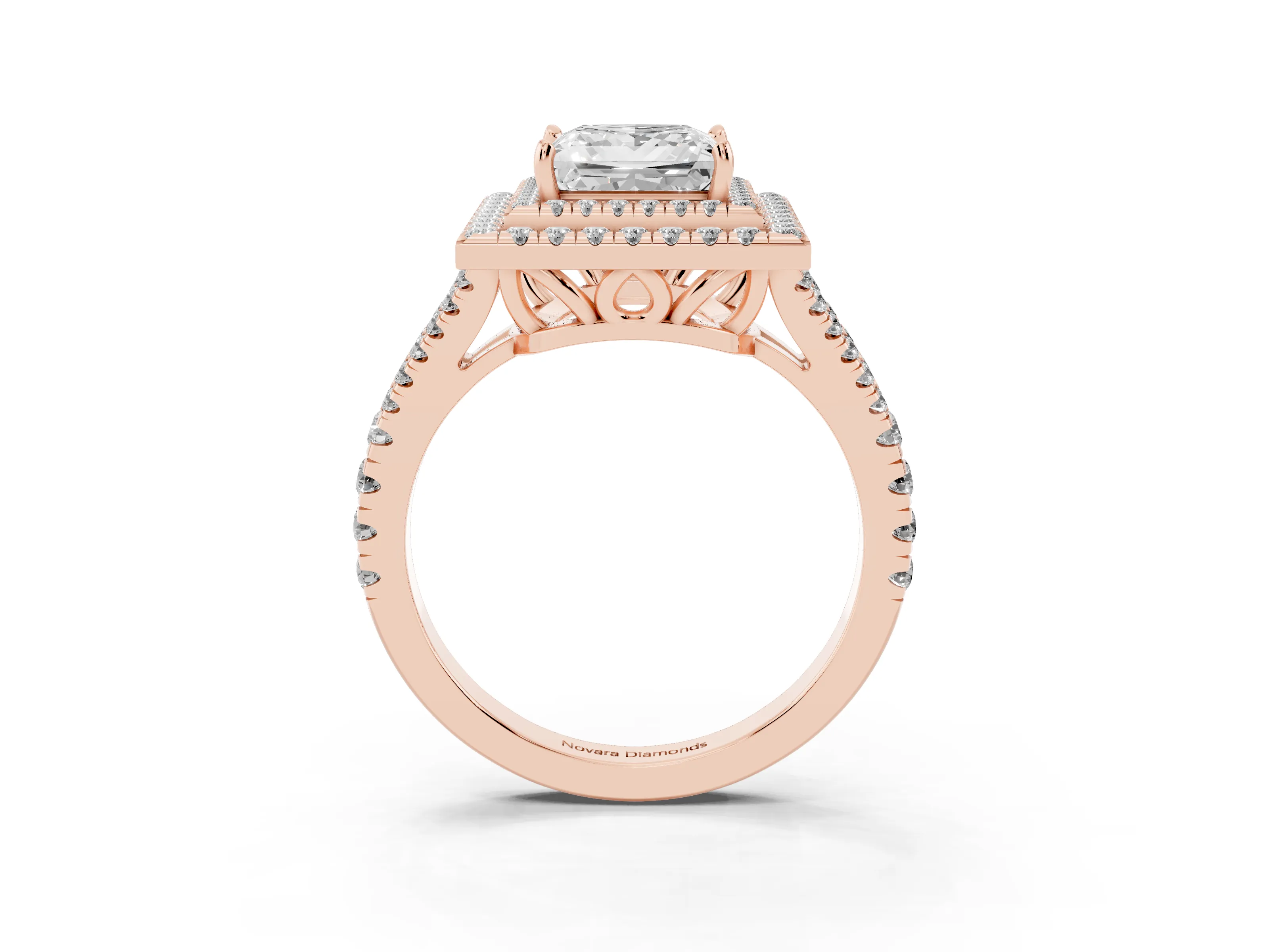 Princess Cut Diamond Double Halo Ring Set in Rose gold with Pavé Band