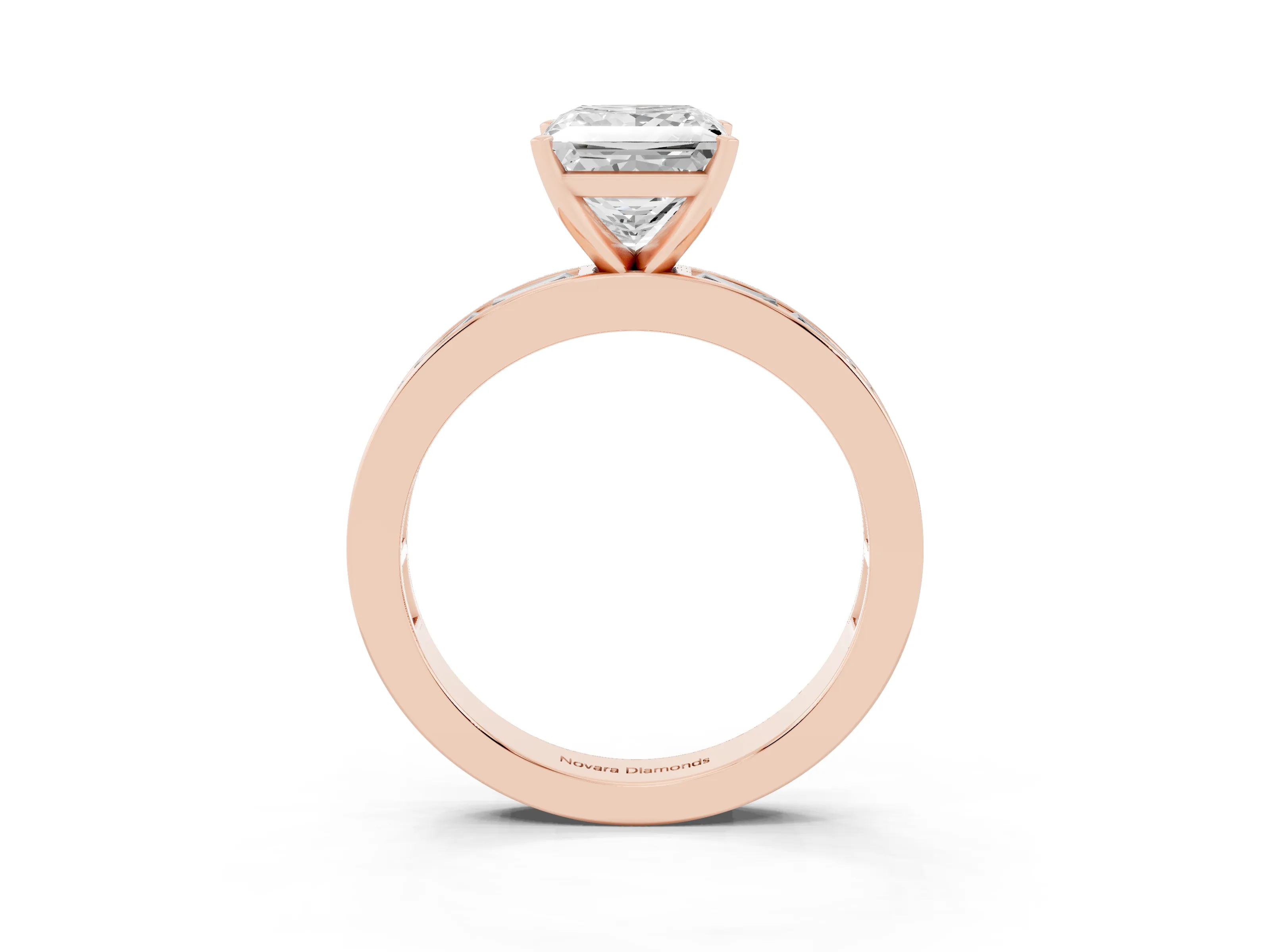 Princess Cut Diamond Solitaire Ring Set in Rose gold with Channel-Set Baguette Band and Prong Setting