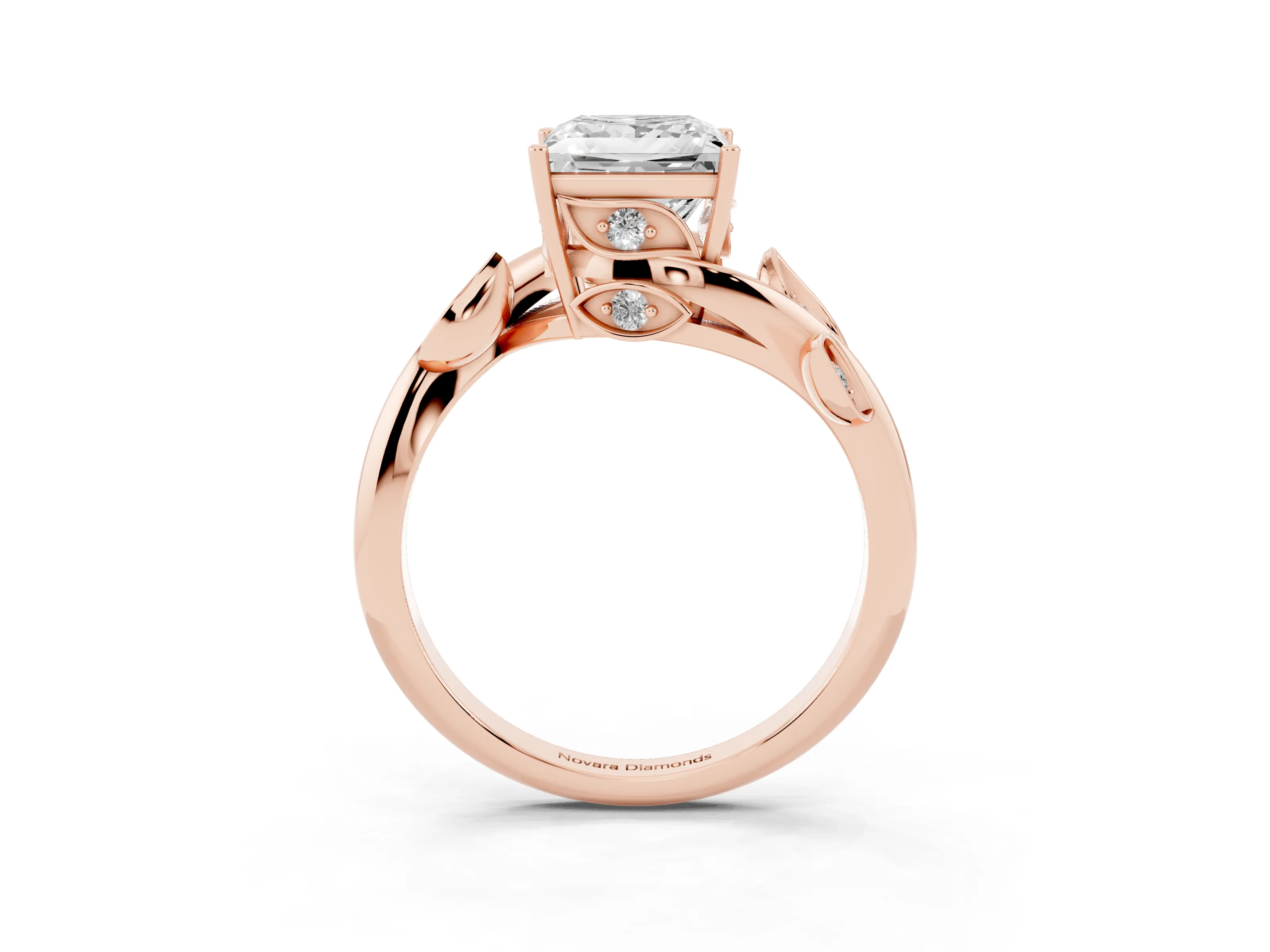 Princess Cut Diamond Solitaire Twist Engagement Ring Set in Rose gold with Pavé Leaf Accents