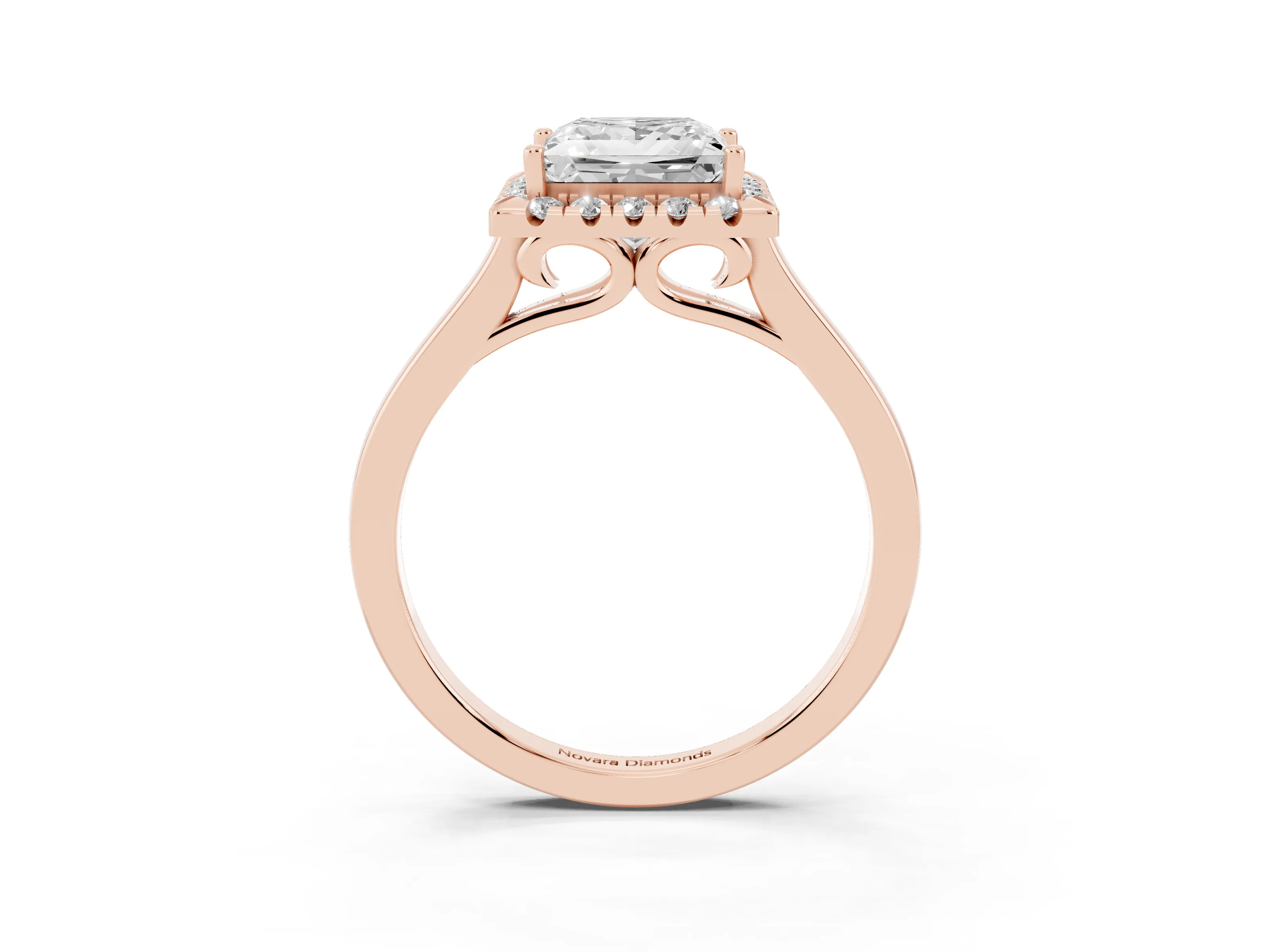 Princess Cut Halo Round Diamond Solitaire Ring Set in Rose gold with Pavé Band and Prong Setting