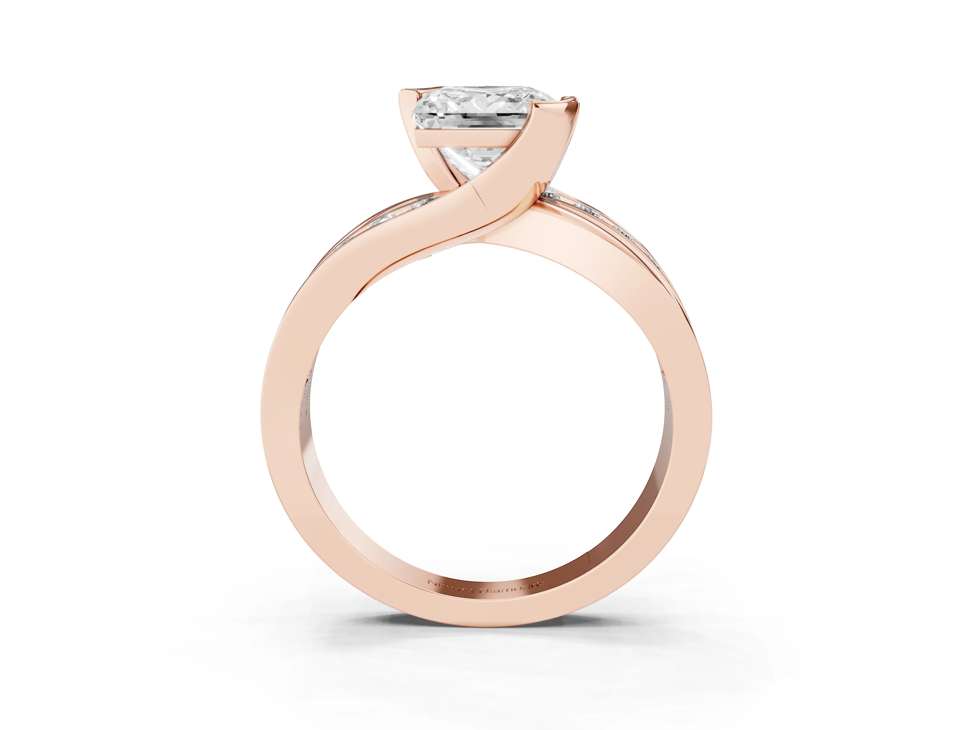 Princess Cut Diamond Solitaire Ring Set in Rose gold with Channel Set Split Shank and Tension Prongs
