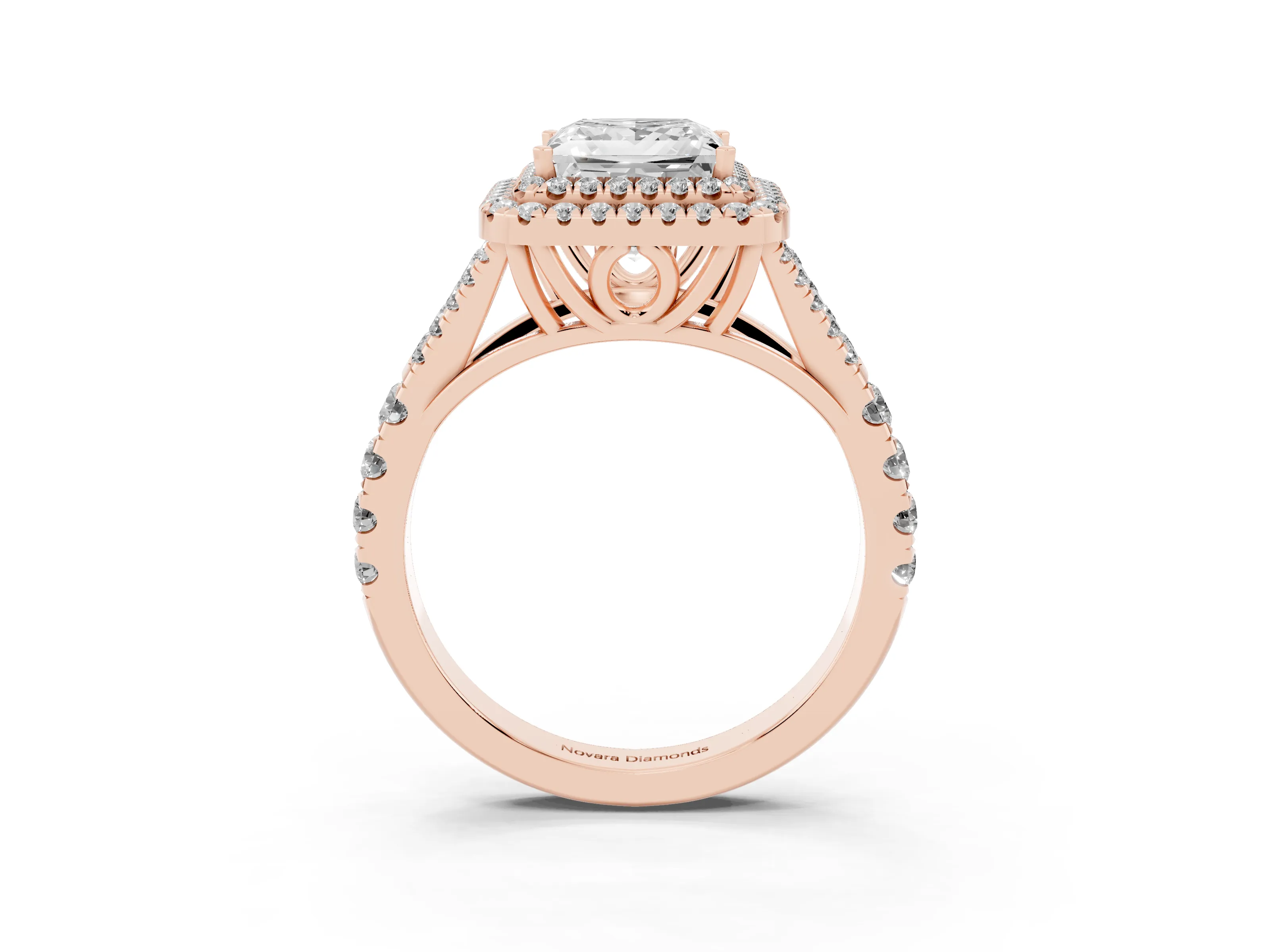 Princess Cut Diamond Pavé Split Shank Double Halo Engagement Ring Set in Rose gold