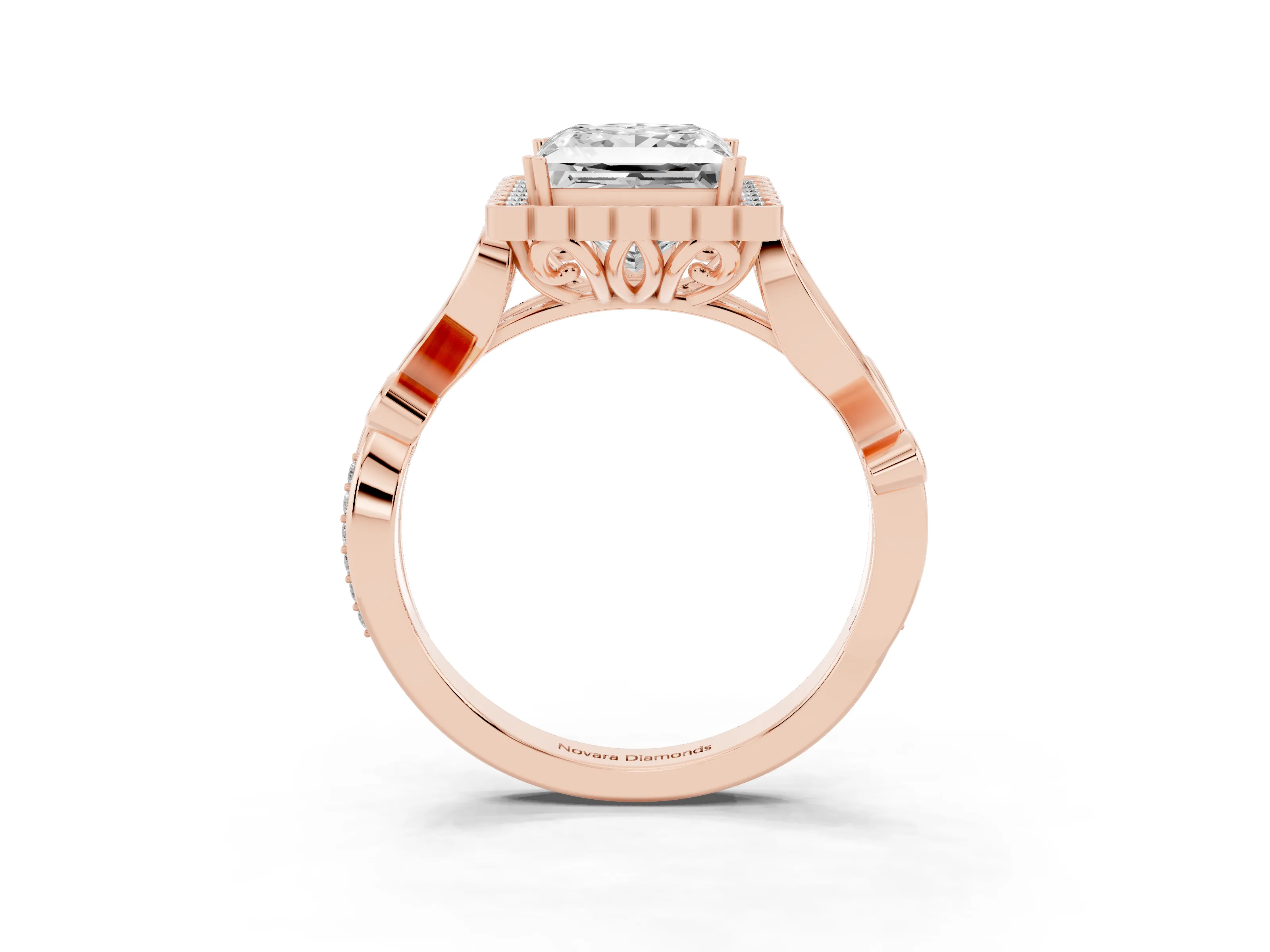 Princess Cut Diamond Halo Ring Set in Rose gold with Leaf Motif Split Shank and Prong Setting